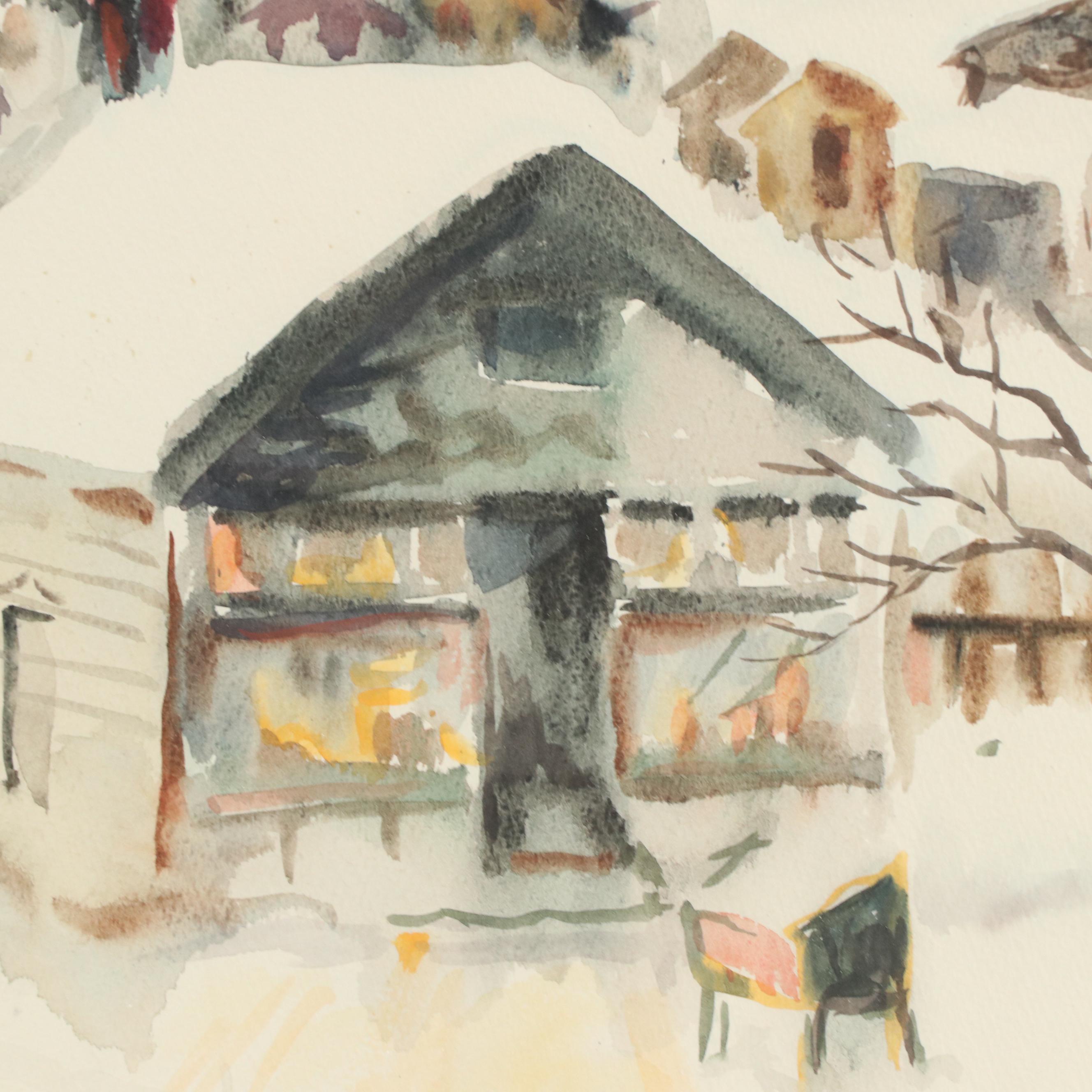 Stanley Bielecky Winter Village Scene Watercolor Painting