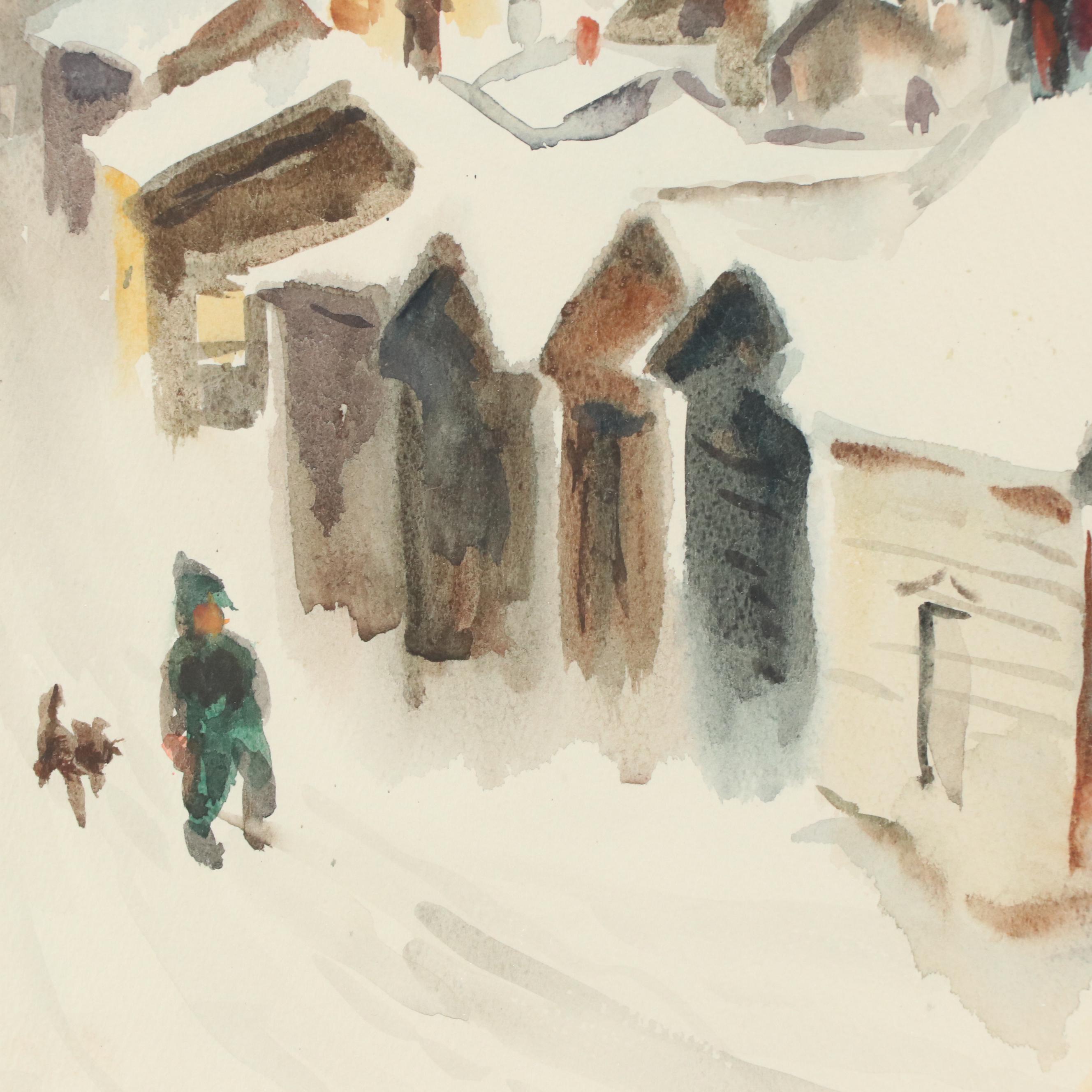 Stanley Bielecky Winter Village Scene Watercolor Painting