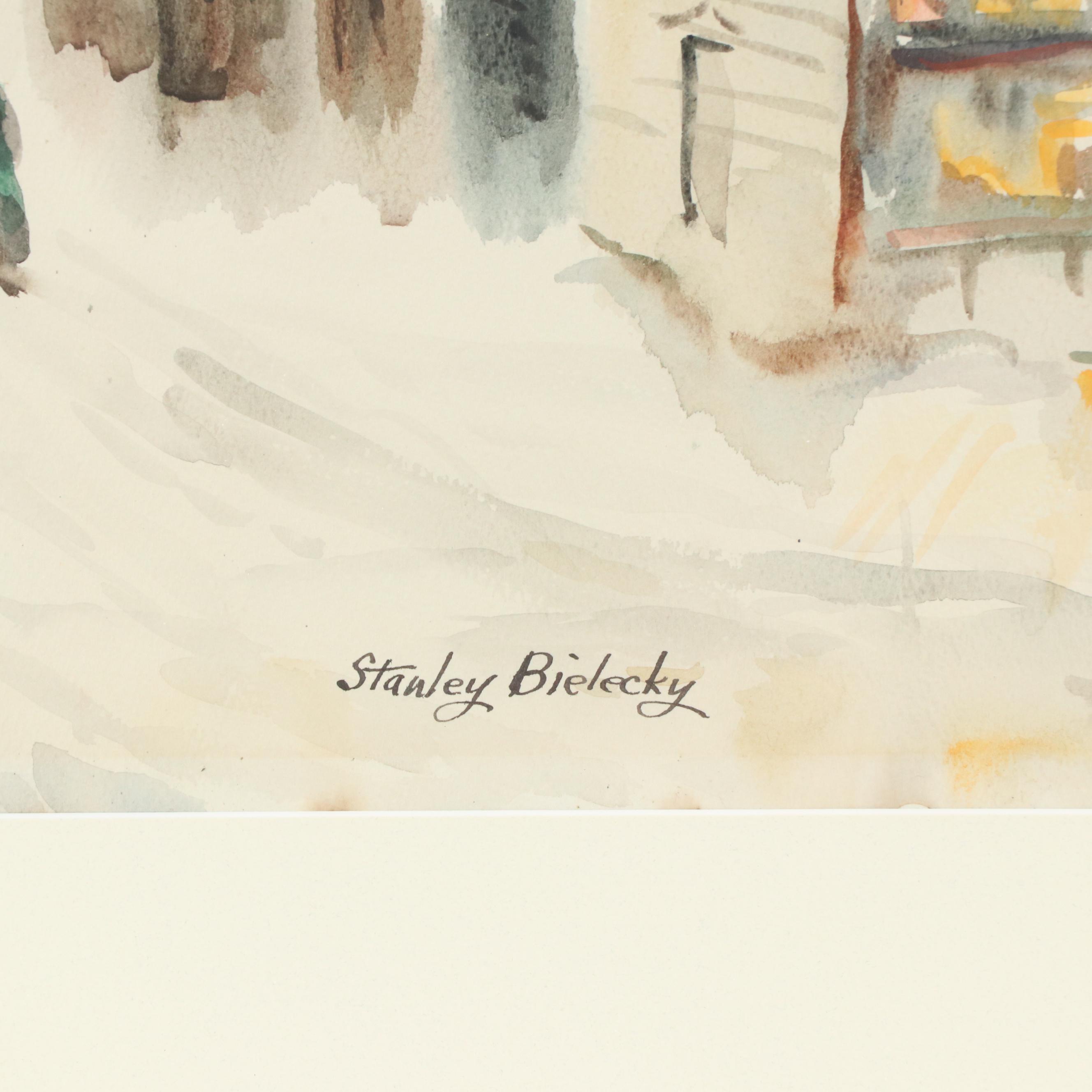 Stanley Bielecky Winter Village Scene Watercolor Painting