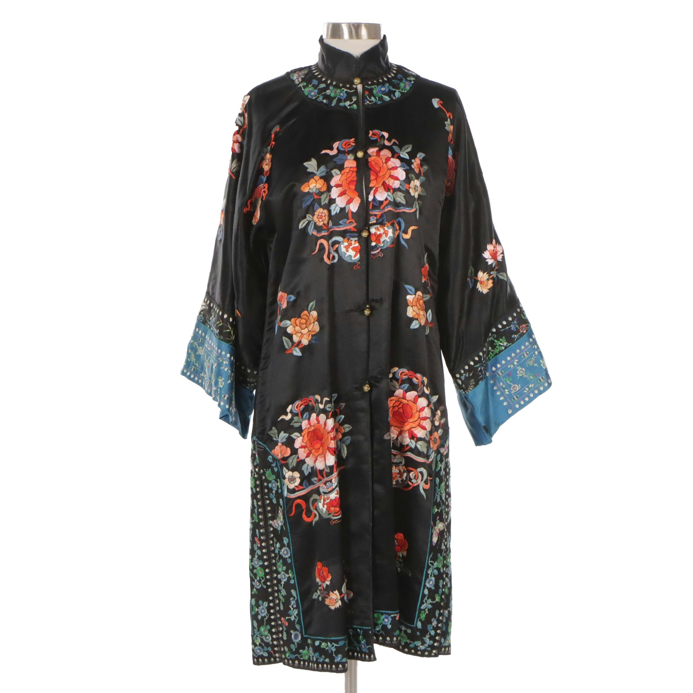 Chinese Peony Hand-Embroidered Silk Robe with Brass Buttons
