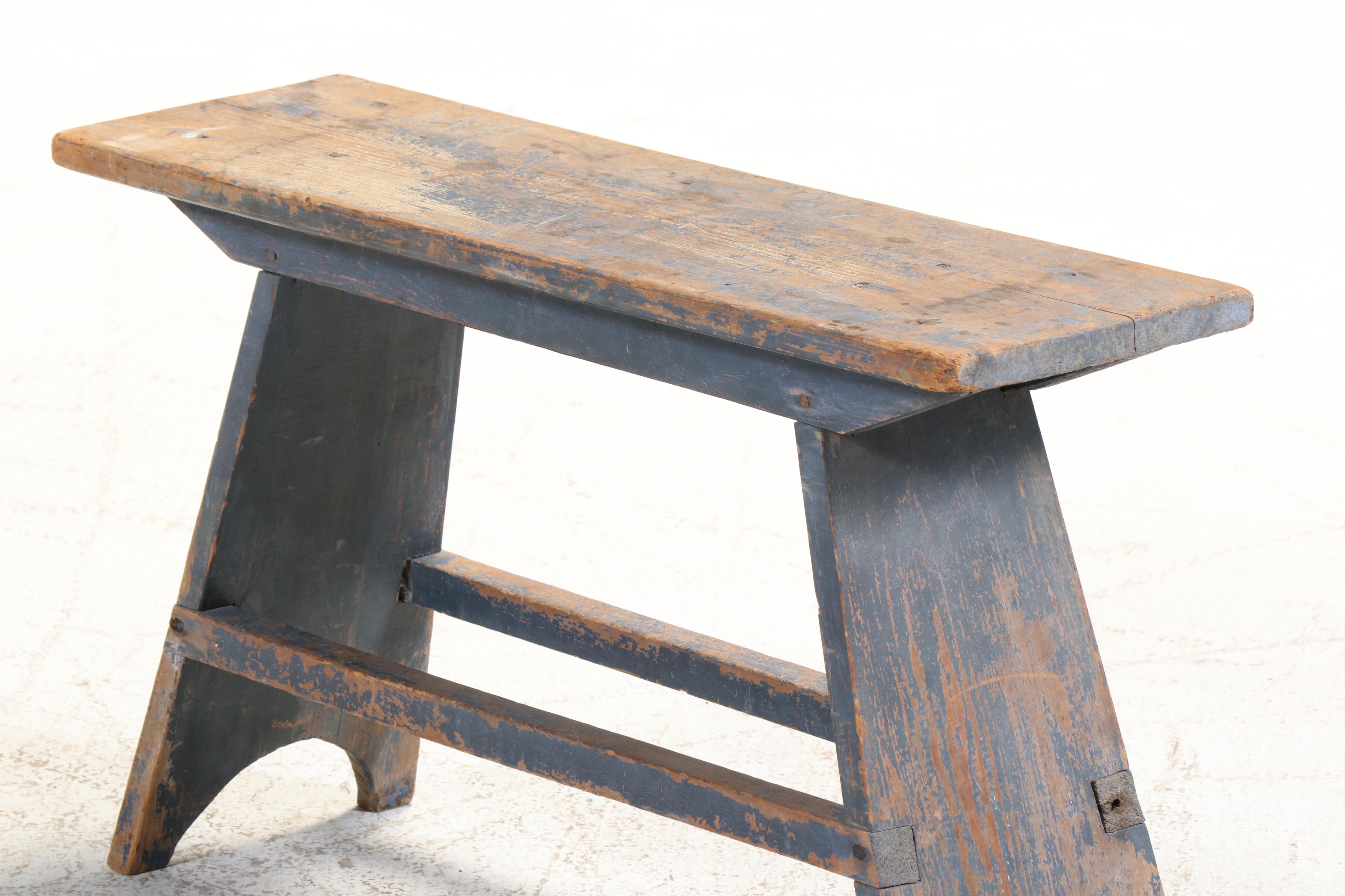 Small American Primitive Blue-Painted Pine Bootjack Bench, 19th Century