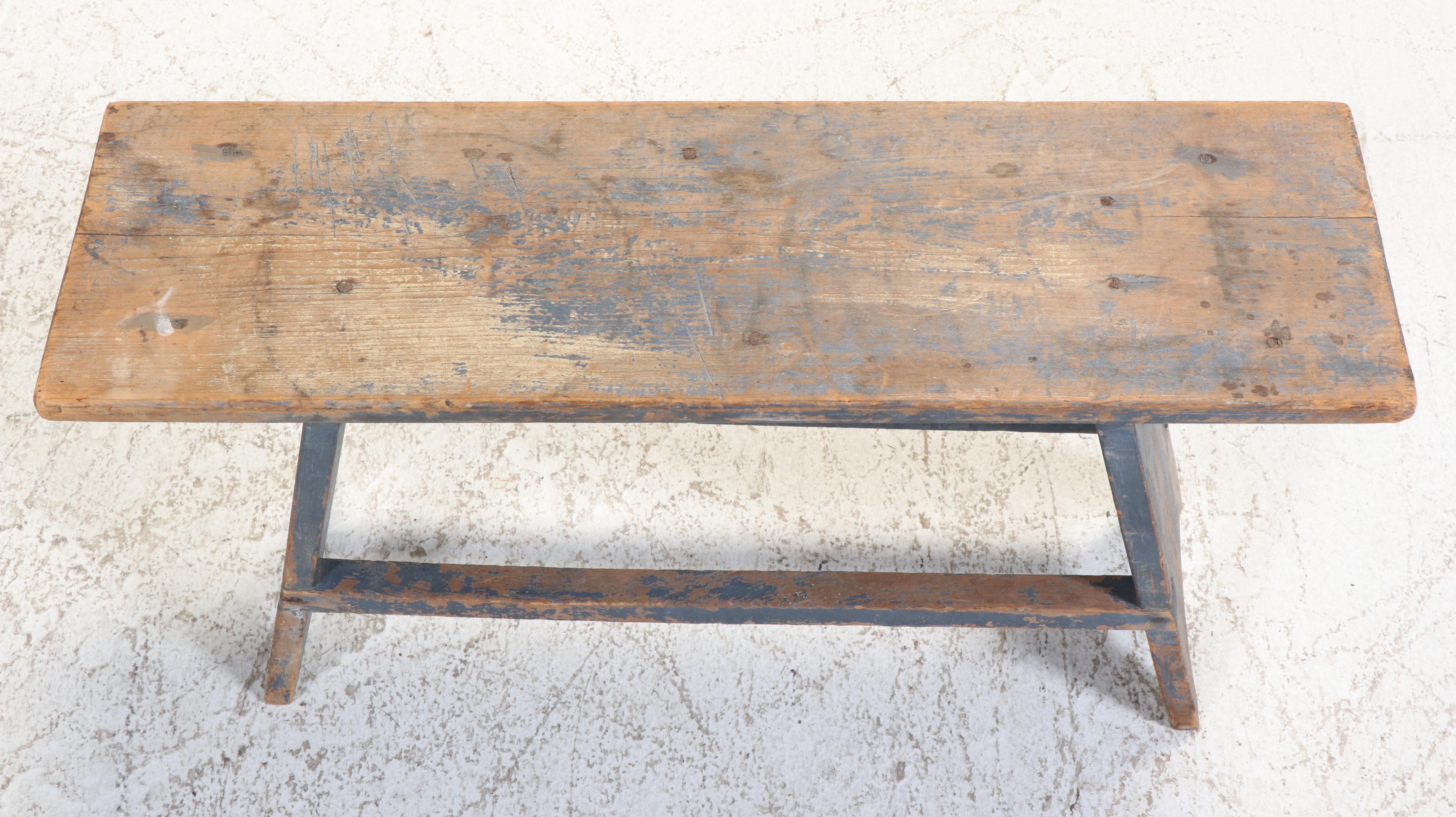 Small American Primitive Blue-Painted Pine Bootjack Bench, 19th Century