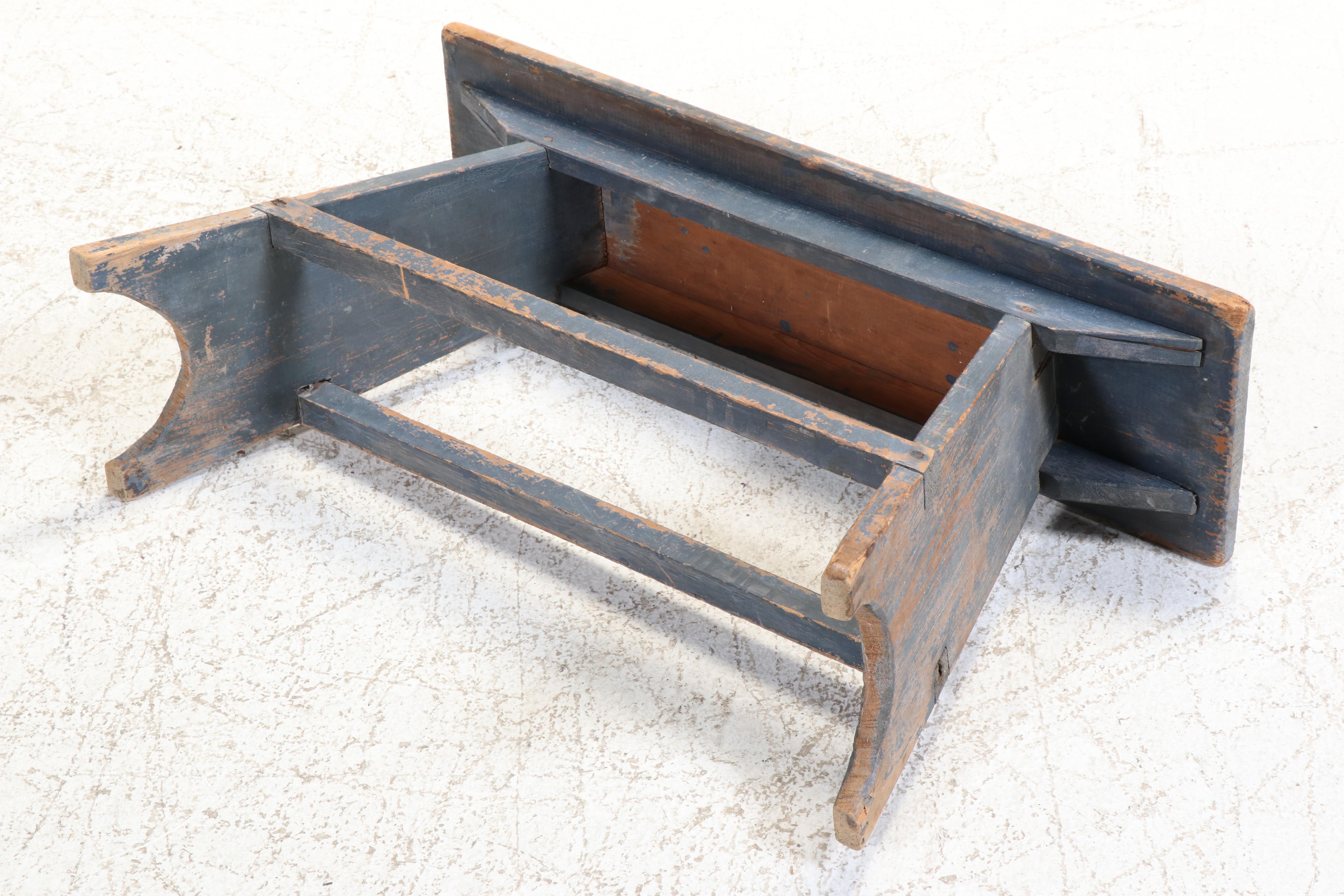 Small American Primitive Blue-Painted Pine Bootjack Bench, 19th Century