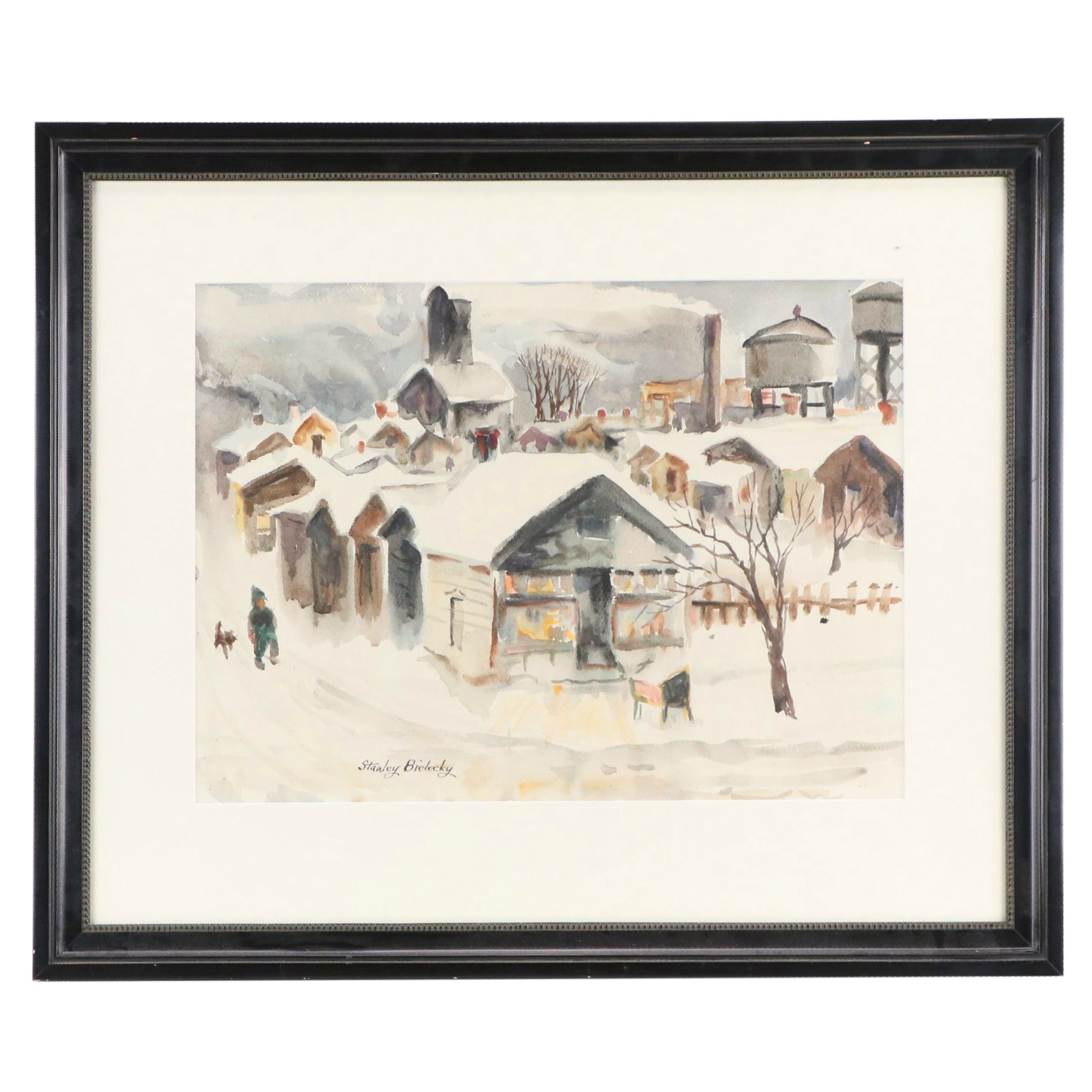Stanley Bielecky Winter Village Scene Watercolor Painting