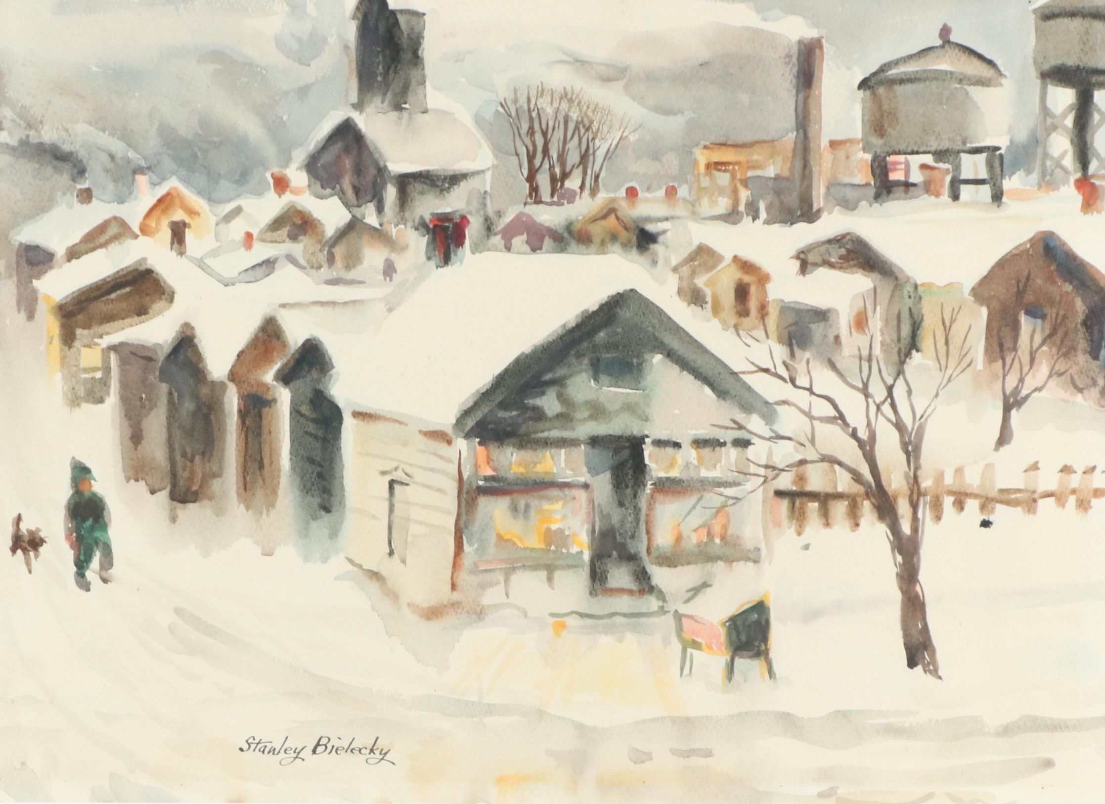 Stanley Bielecky Winter Village Scene Watercolor Painting