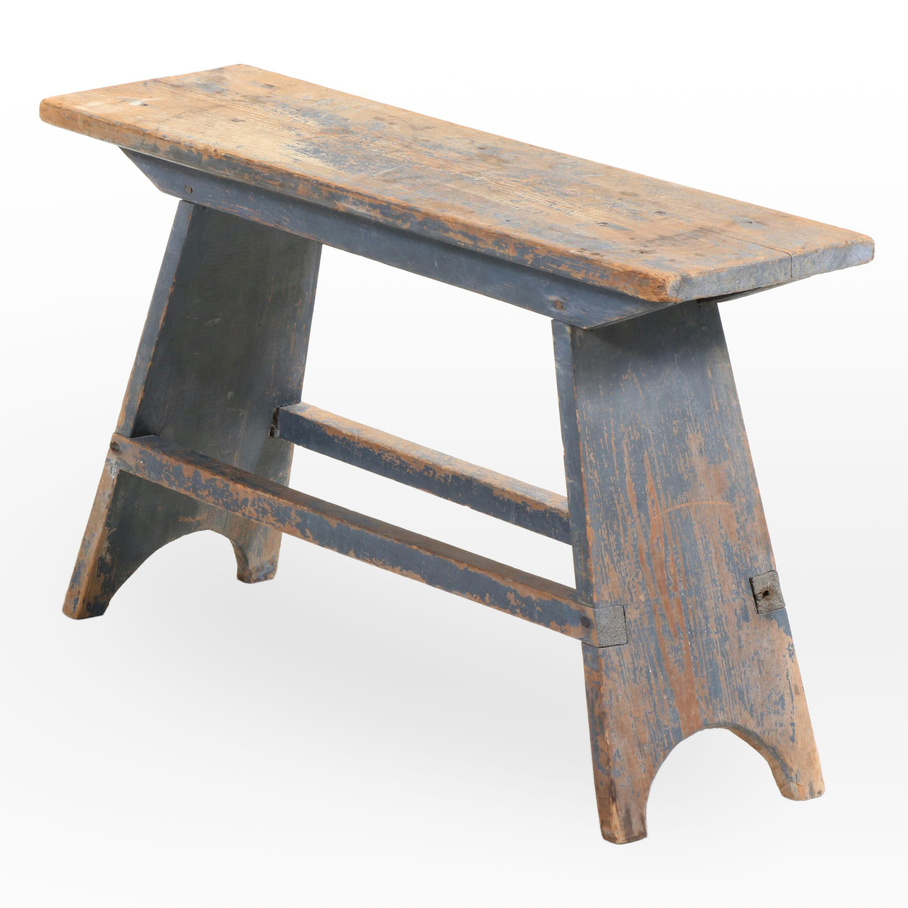 Small American Primitive Blue-Painted Pine Bootjack Bench, 19th Century