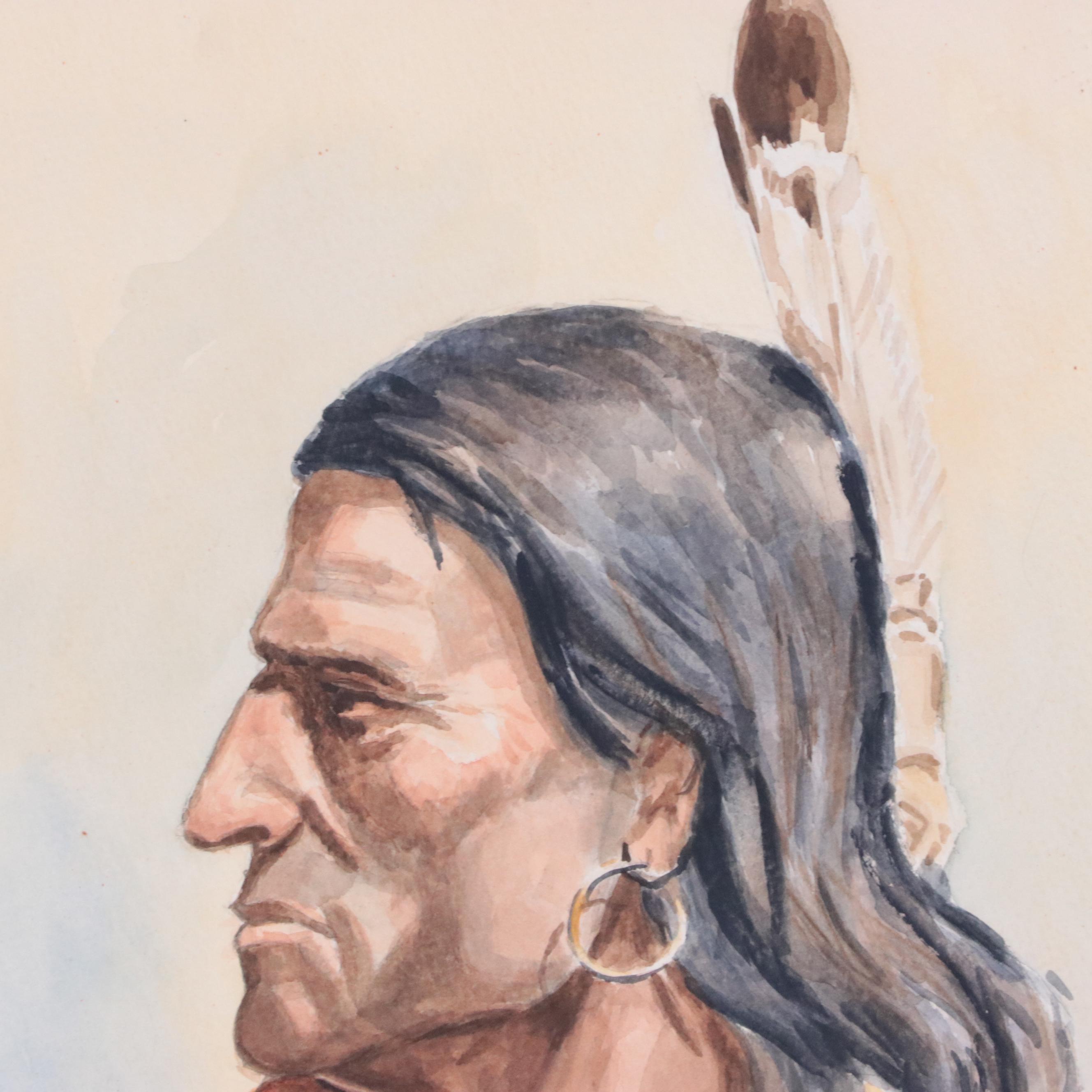 Rudyard Kipling Watercolor Painting of Native American Portrait