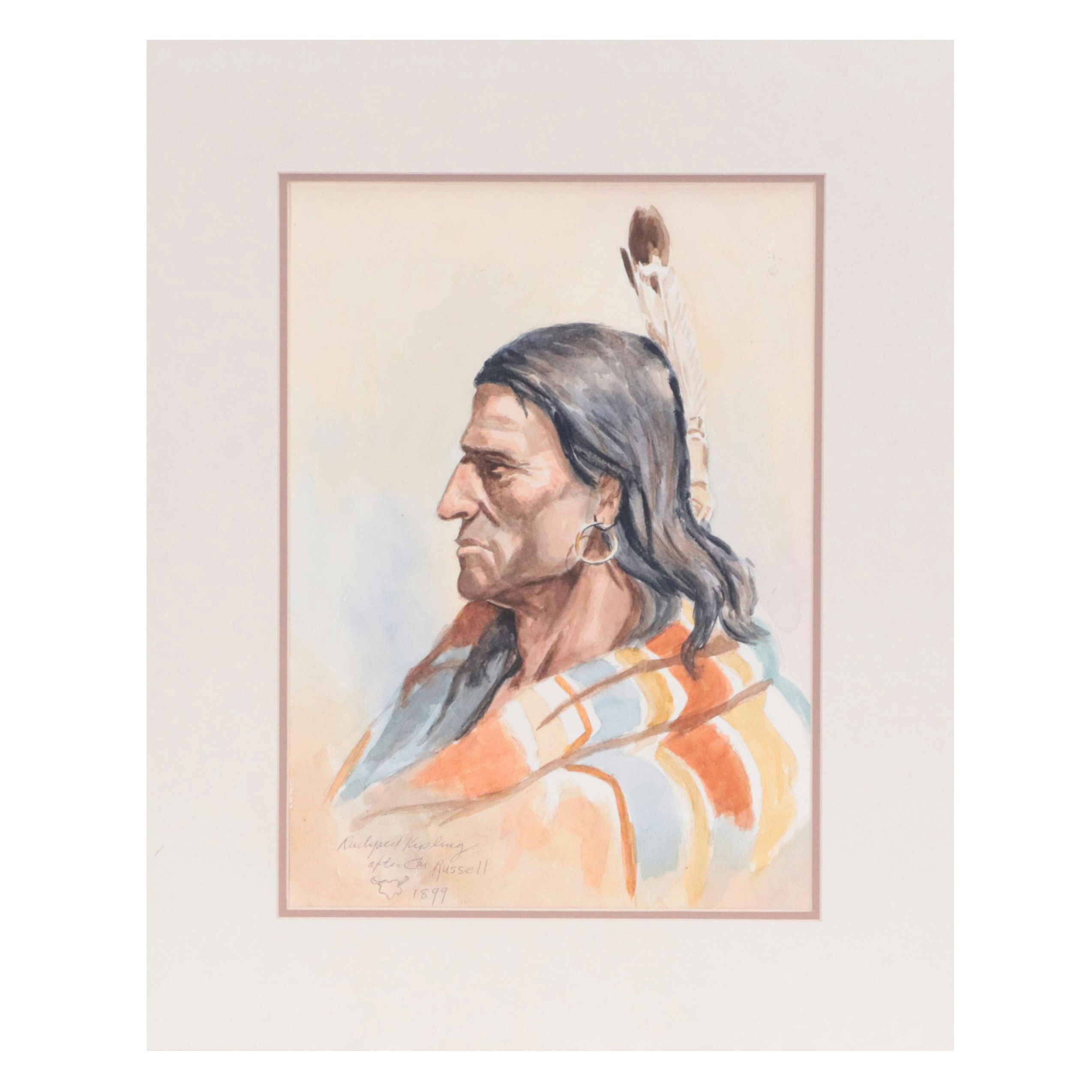 Rudyard Kipling Watercolor Painting of Native American Portrait