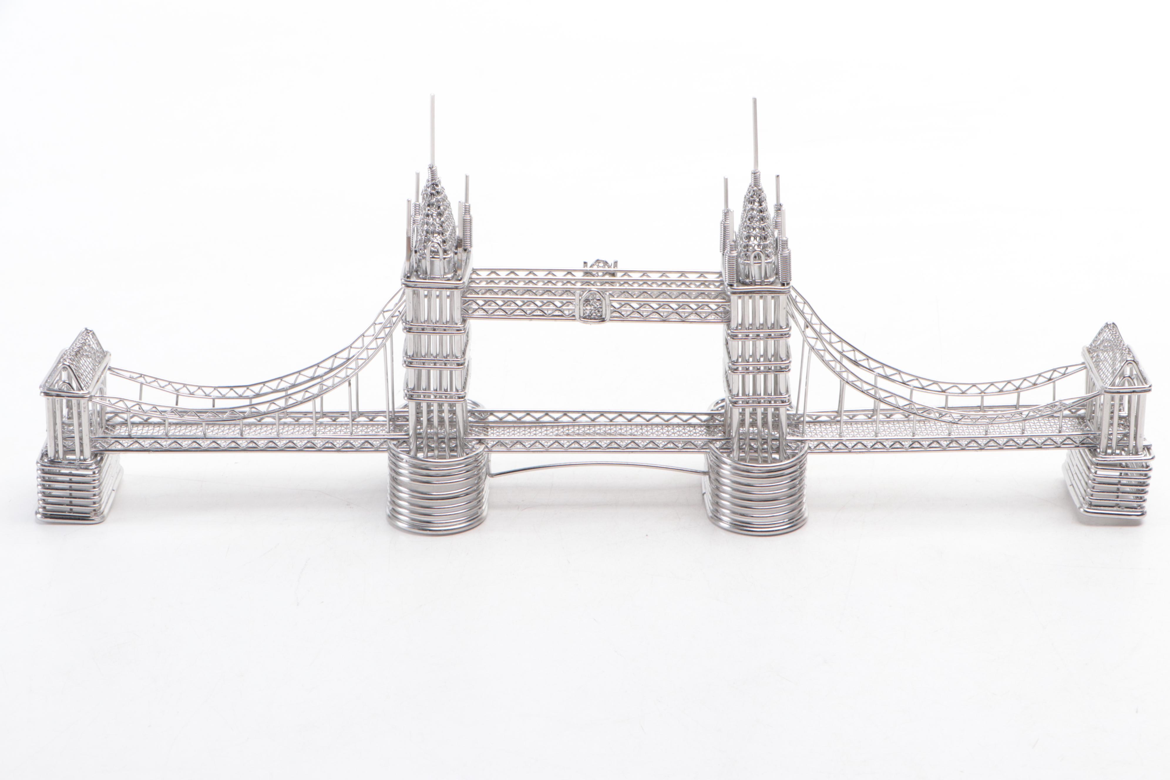 Kensington Mantel Clock, Faux Leather Box, and Metal London Tower Bridge Figure