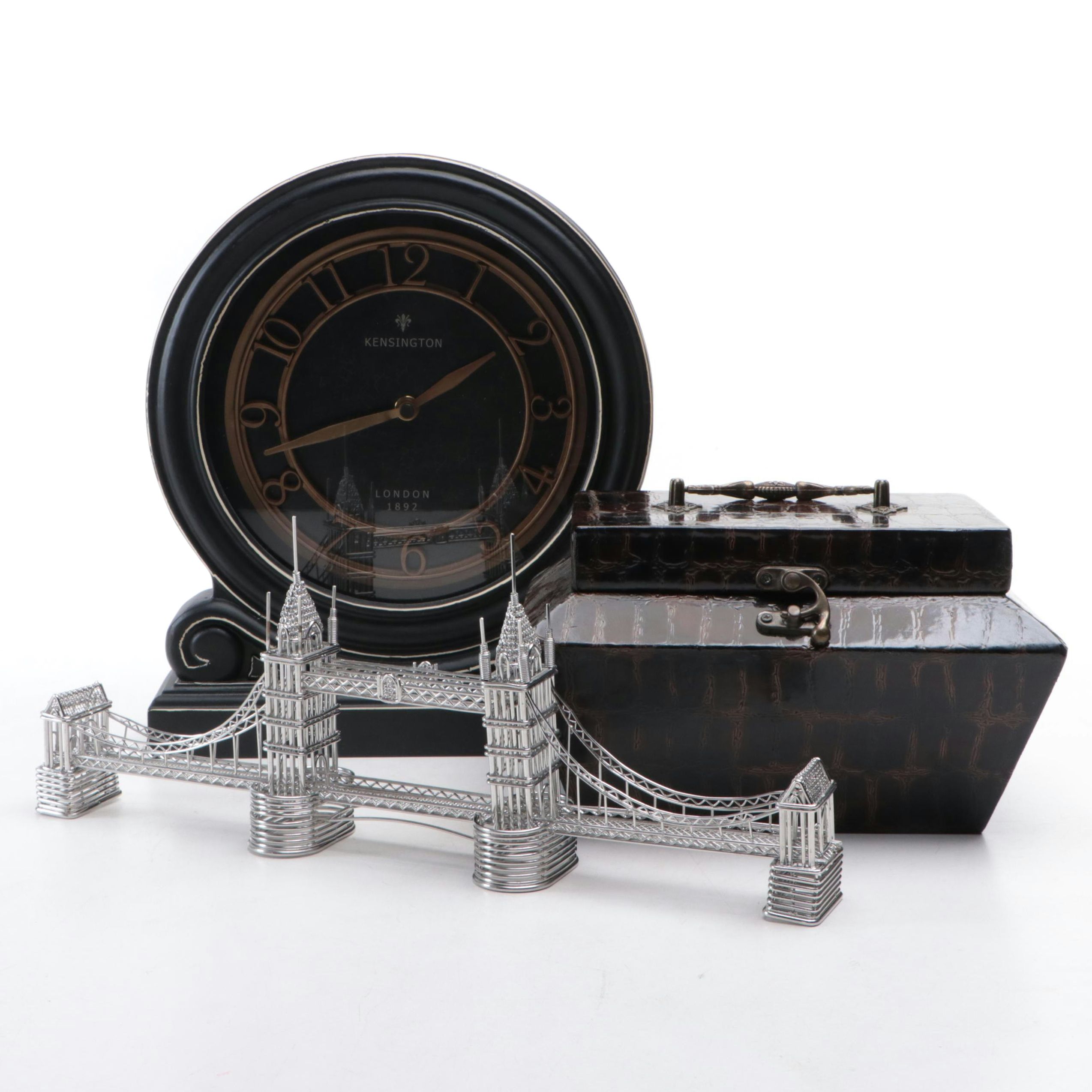 Kensington Mantel Clock, Faux Leather Box, and Metal London Tower Bridge Figure