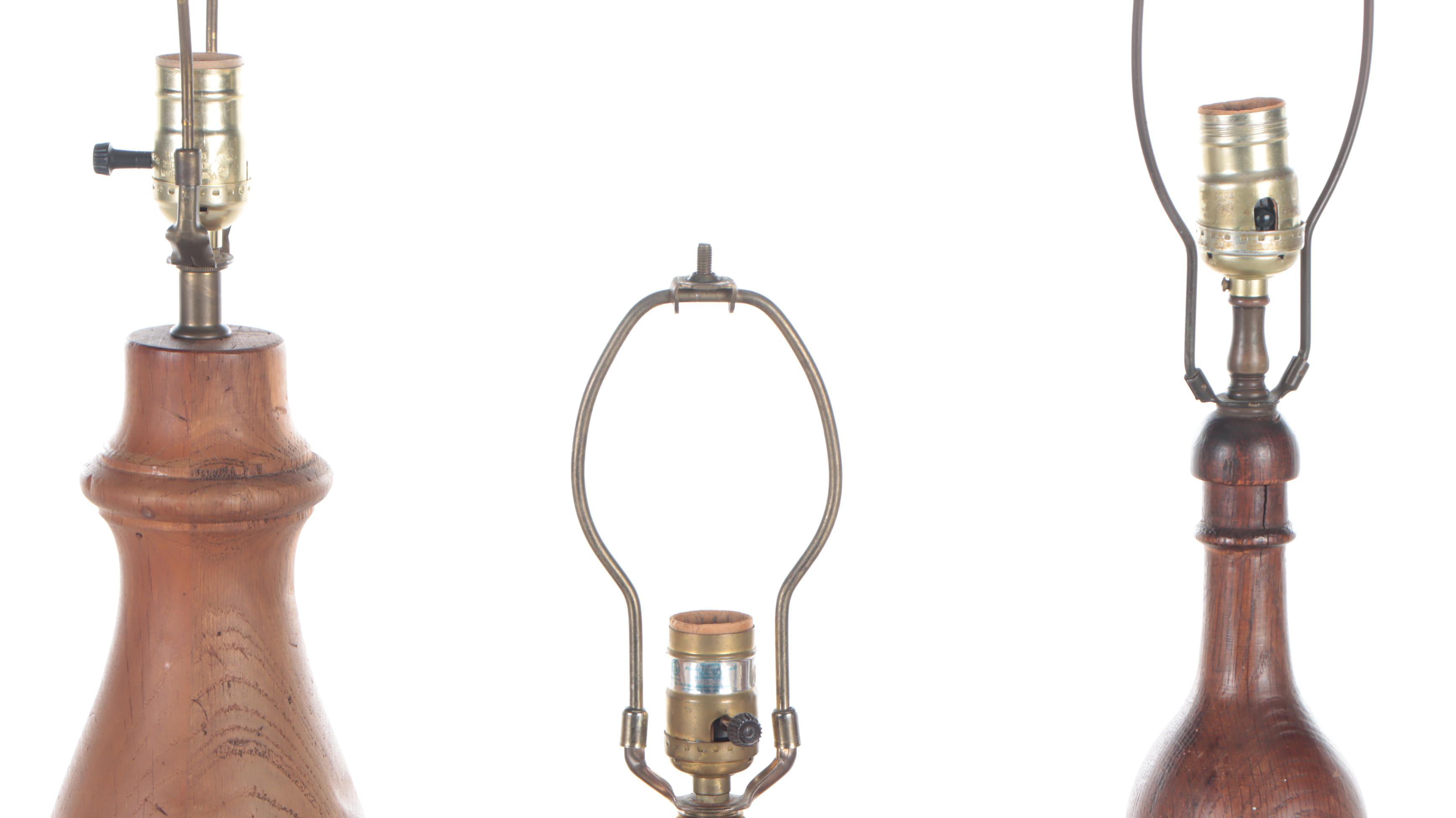 Antique Carved Wood Baluster, Carved Wood Bottle & Pottery Ewer Table Lamps