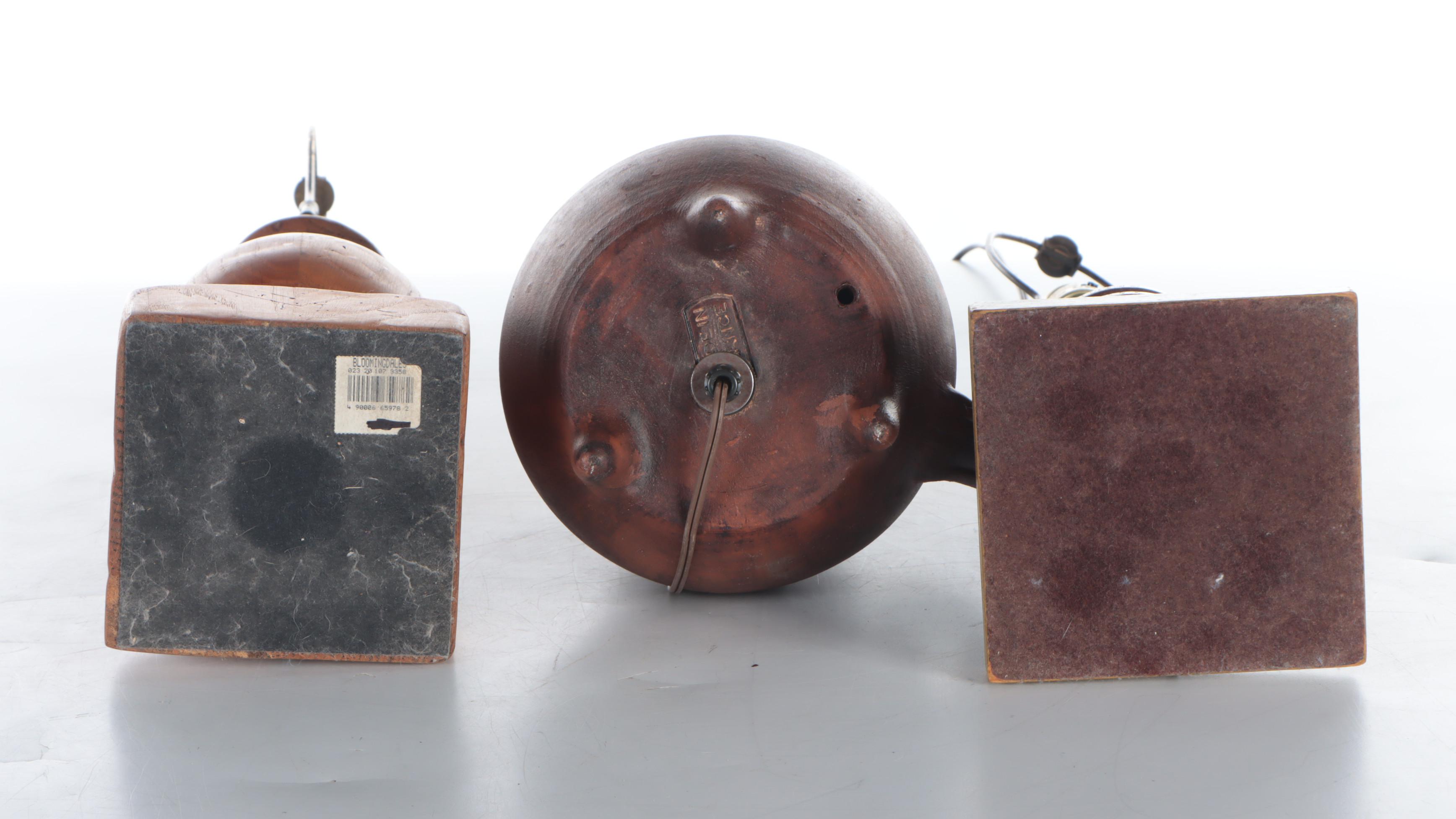 Antique Carved Wood Baluster, Carved Wood Bottle & Pottery Ewer Table Lamps