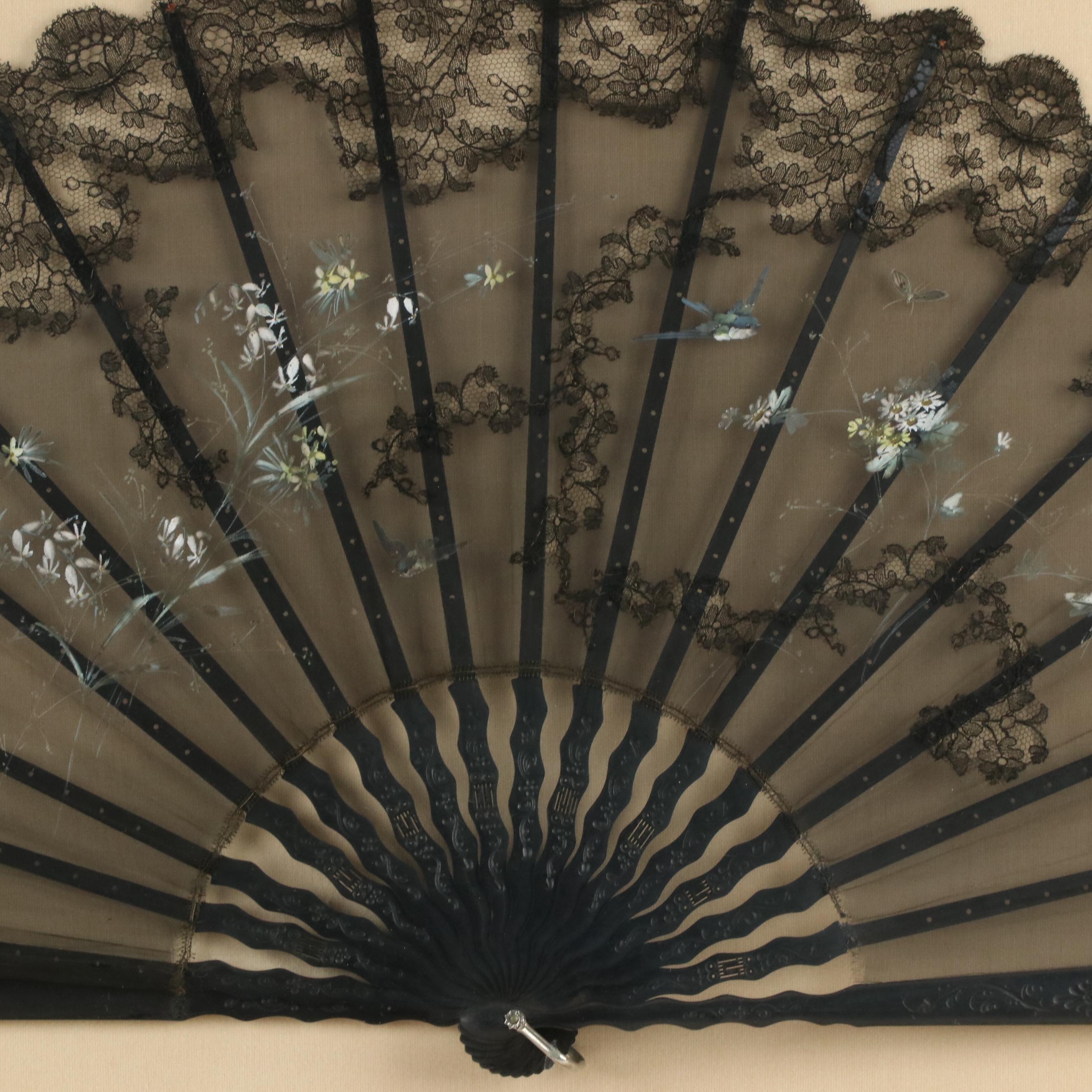 Hand-Painted Silk with Lace Trim and Ebonized Wood Folding Fan in Frame