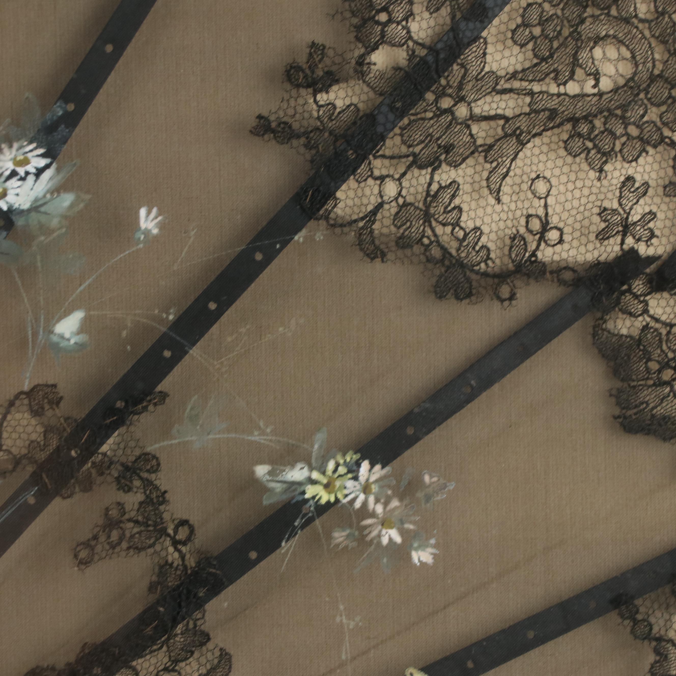 Hand-Painted Silk with Lace Trim and Ebonized Wood Folding Fan in Frame