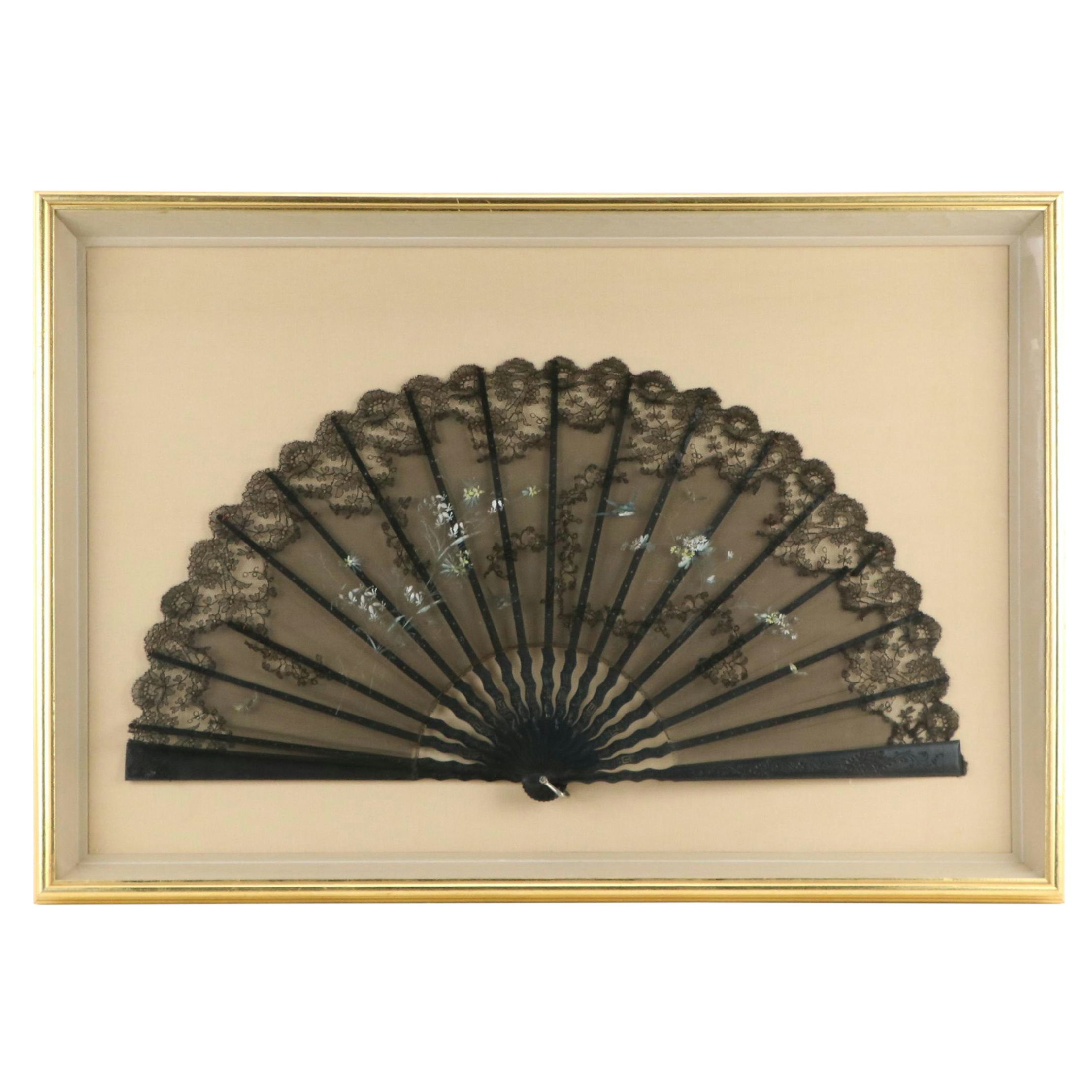 Hand-Painted Silk with Lace Trim and Ebonized Wood Folding Fan in Frame