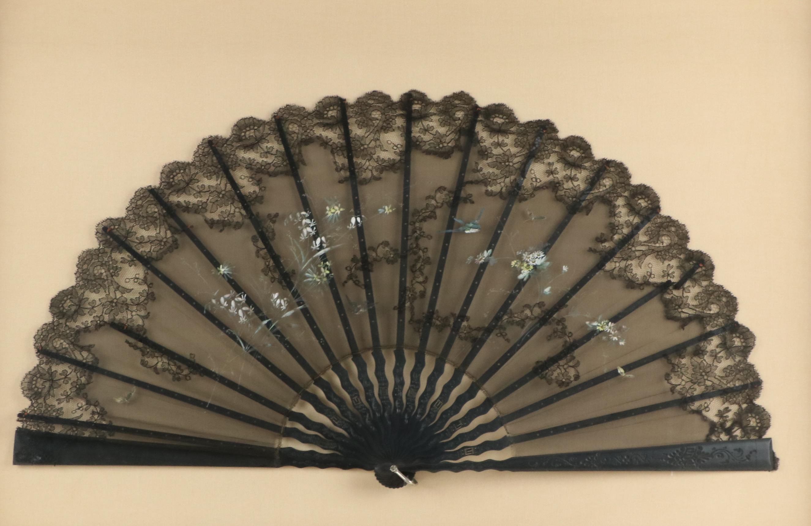 Hand-Painted Silk with Lace Trim and Ebonized Wood Folding Fan in Frame