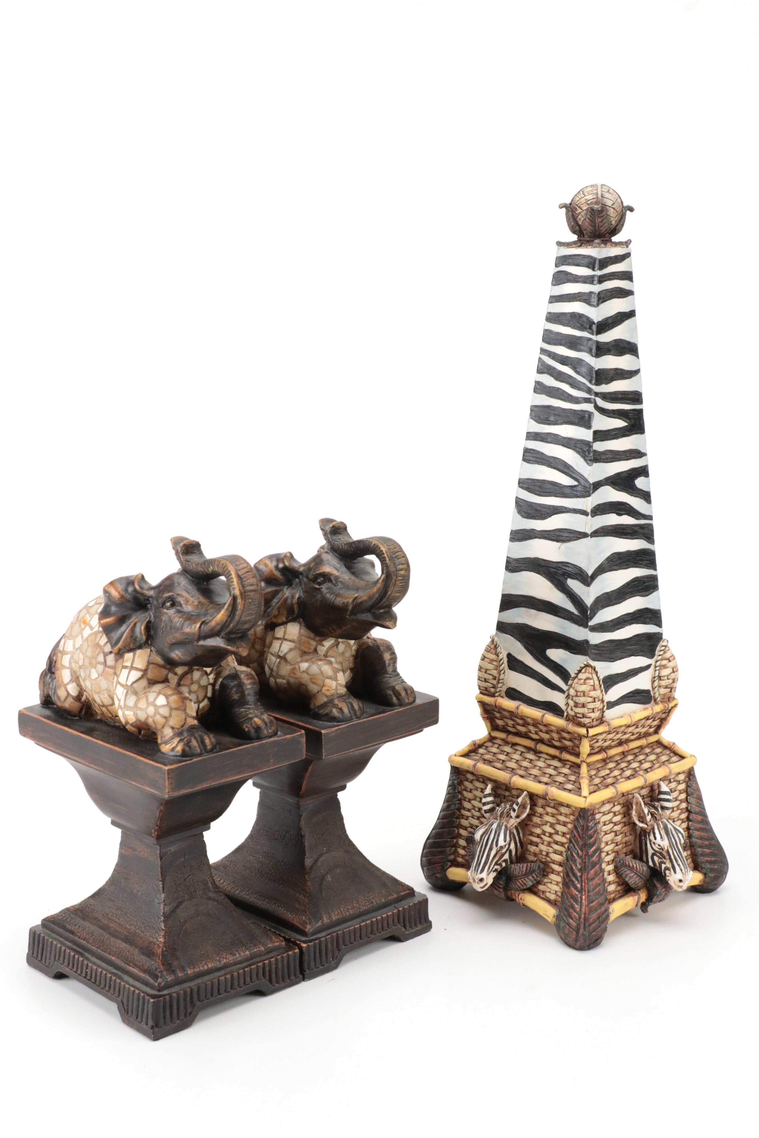 R. Vandamine Resin Plaque with Resin Elephant Figurine and More