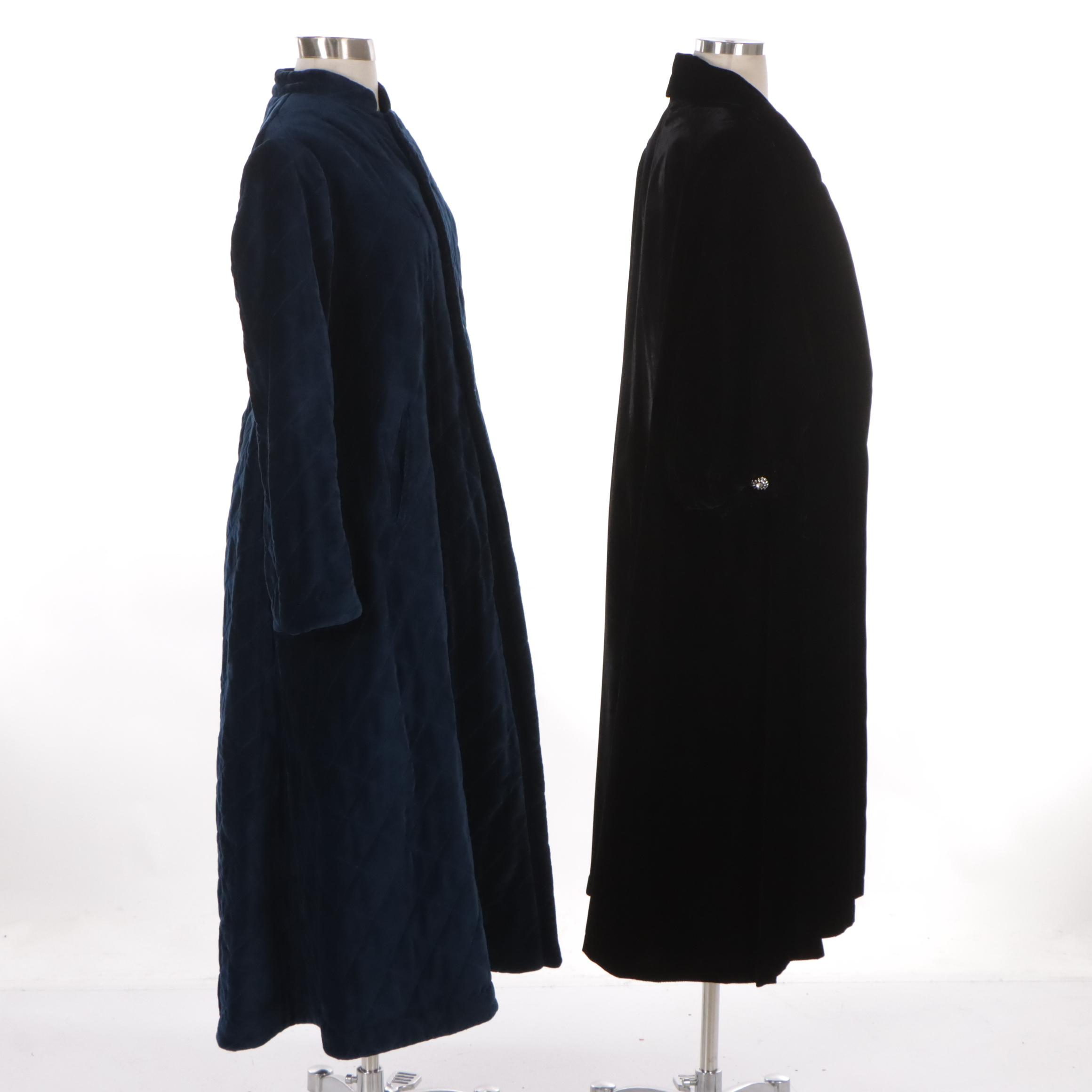 Deep Blue Quilted Velour Housecoat, Other Black Velvet Open-Front Long Coat