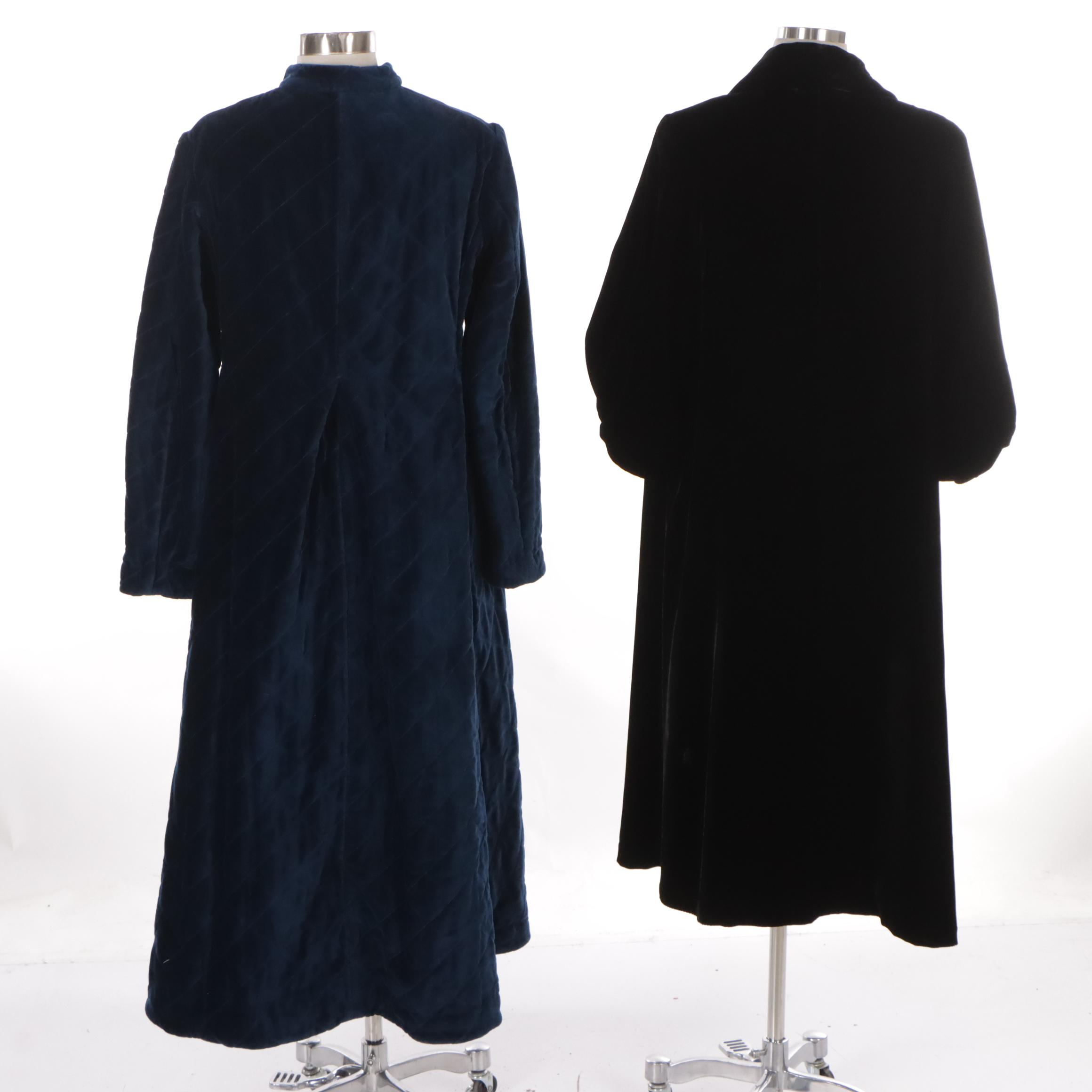 Deep Blue Quilted Velour Housecoat, Other Black Velvet Open-Front Long Coat