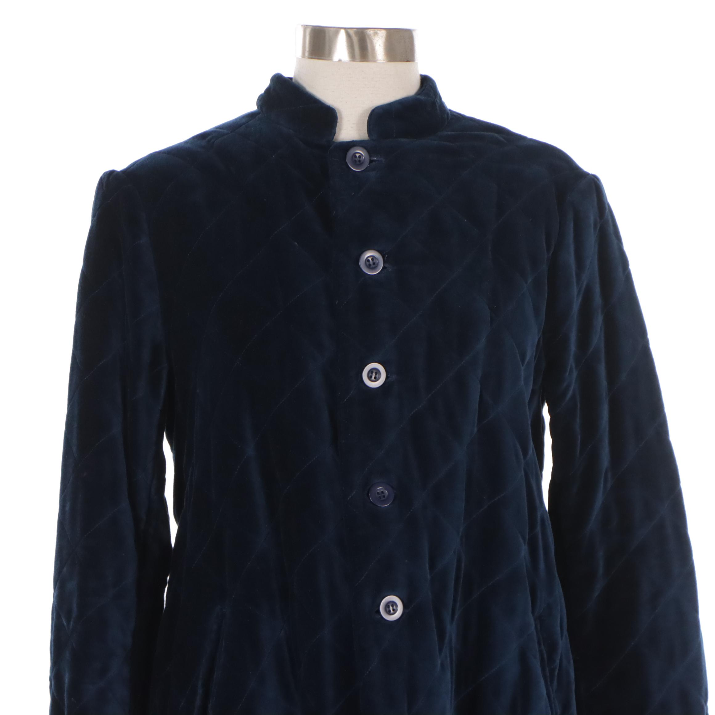 Deep Blue Quilted Velour Housecoat, Other Black Velvet Open-Front Long Coat