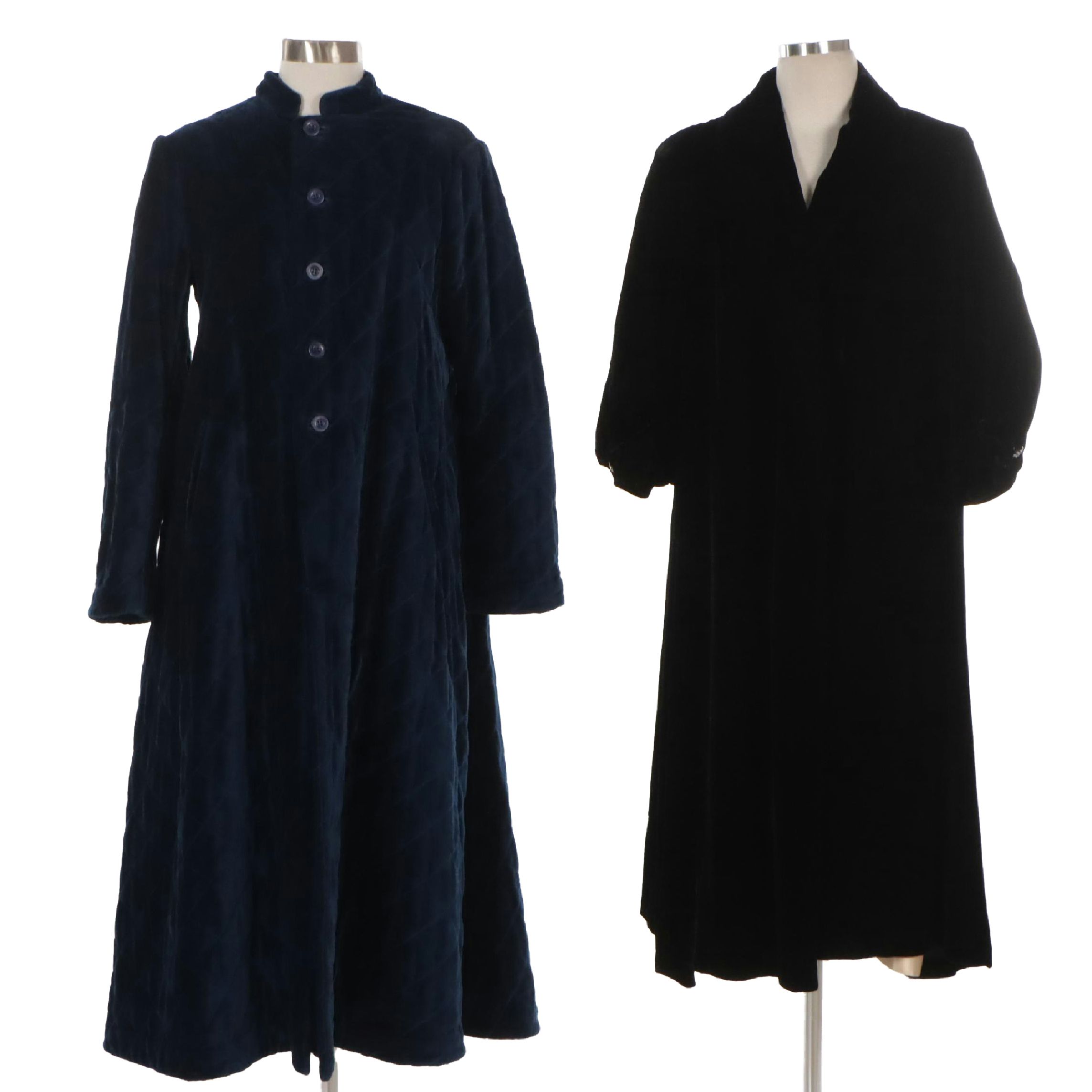 Deep Blue Quilted Velour Housecoat, Other Black Velvet Open-Front Long Coat