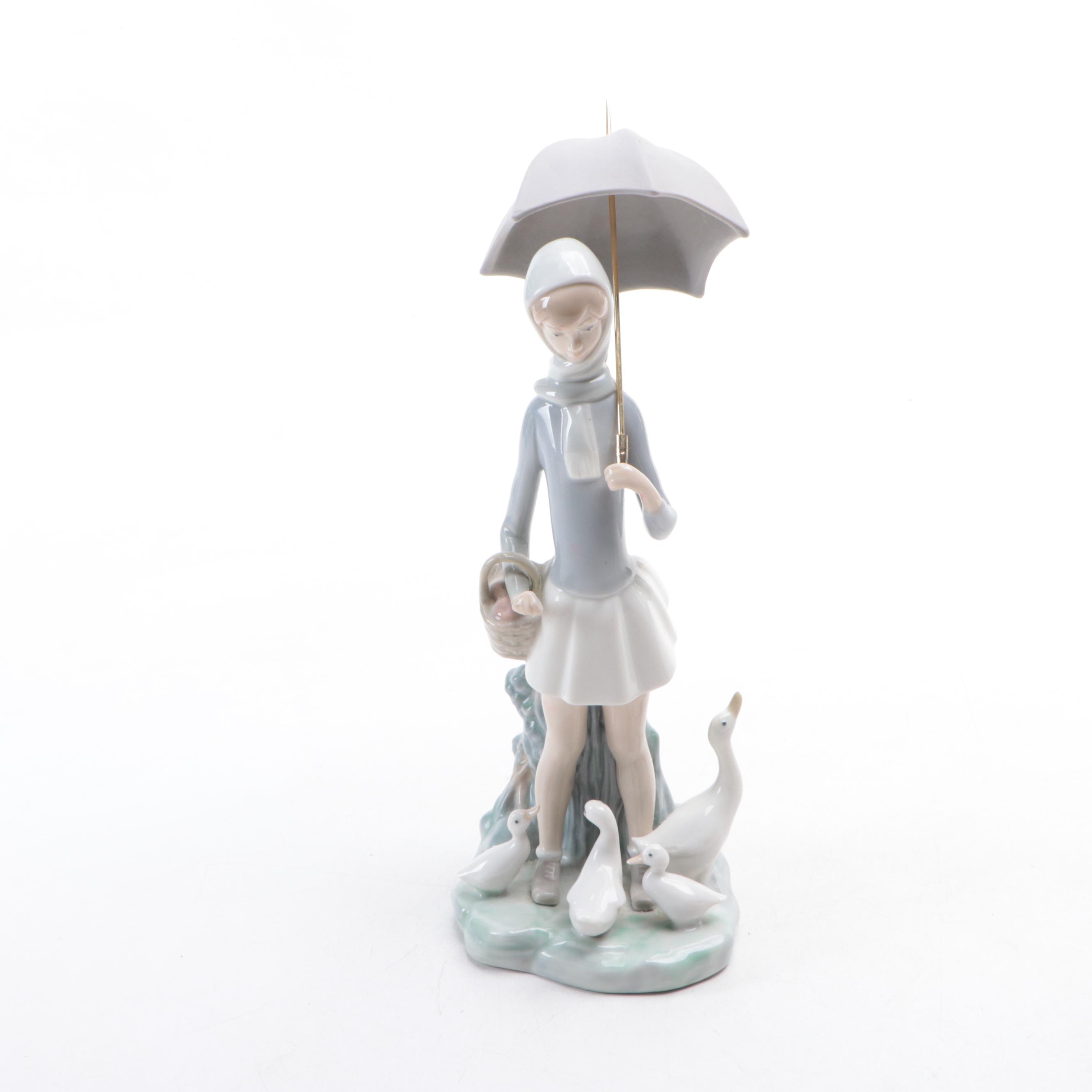 Lladró "Girl with Umbrella" and "Naughty Girl with Straw Hat" Figurines