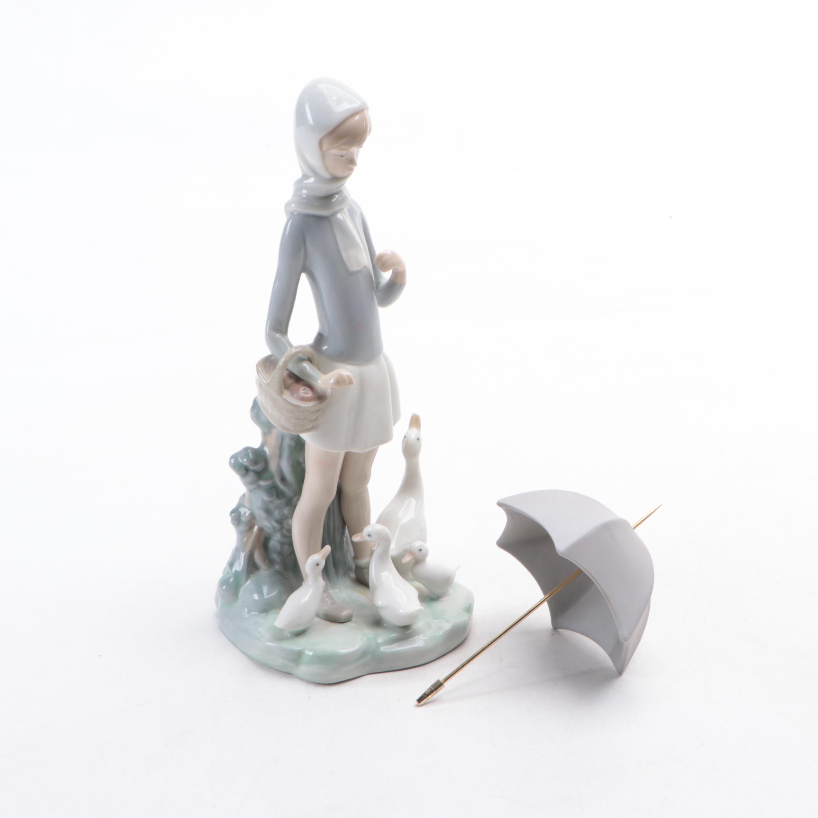 Lladró "Girl with Umbrella" and "Naughty Girl with Straw Hat" Figurines