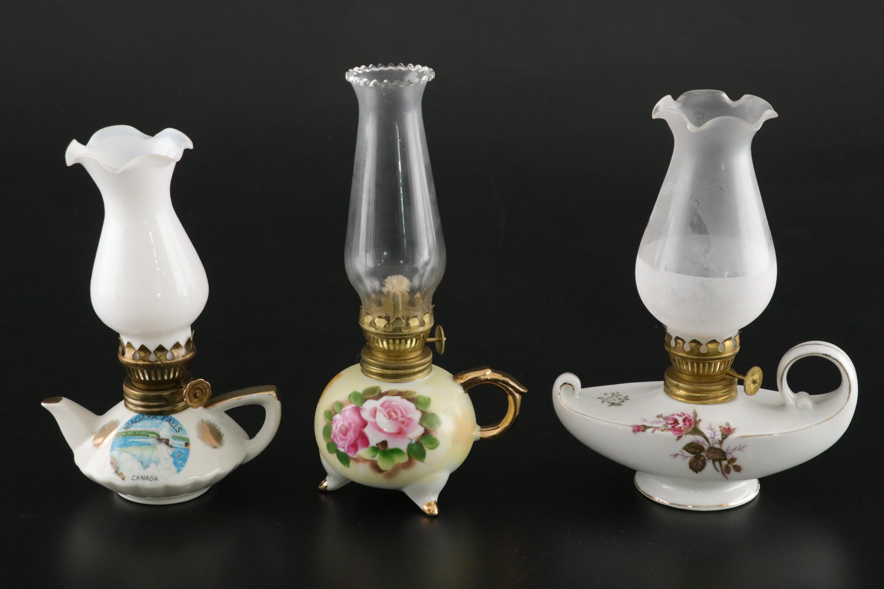 Floral Decorated Miniature Oil Lamp Collection, Early to Mid 20th Century