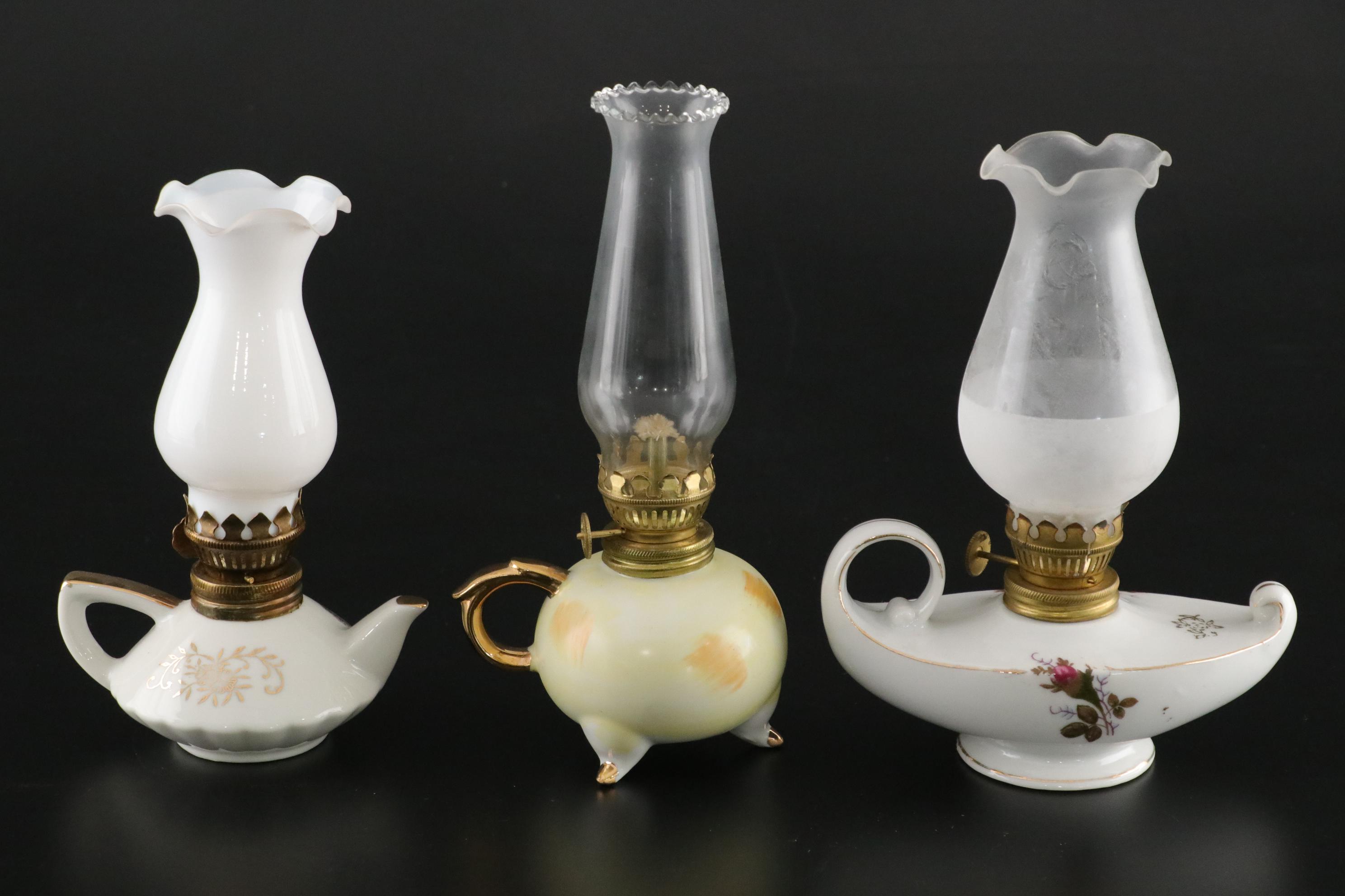 Floral Decorated Miniature Oil Lamp Collection, Early to Mid 20th Century