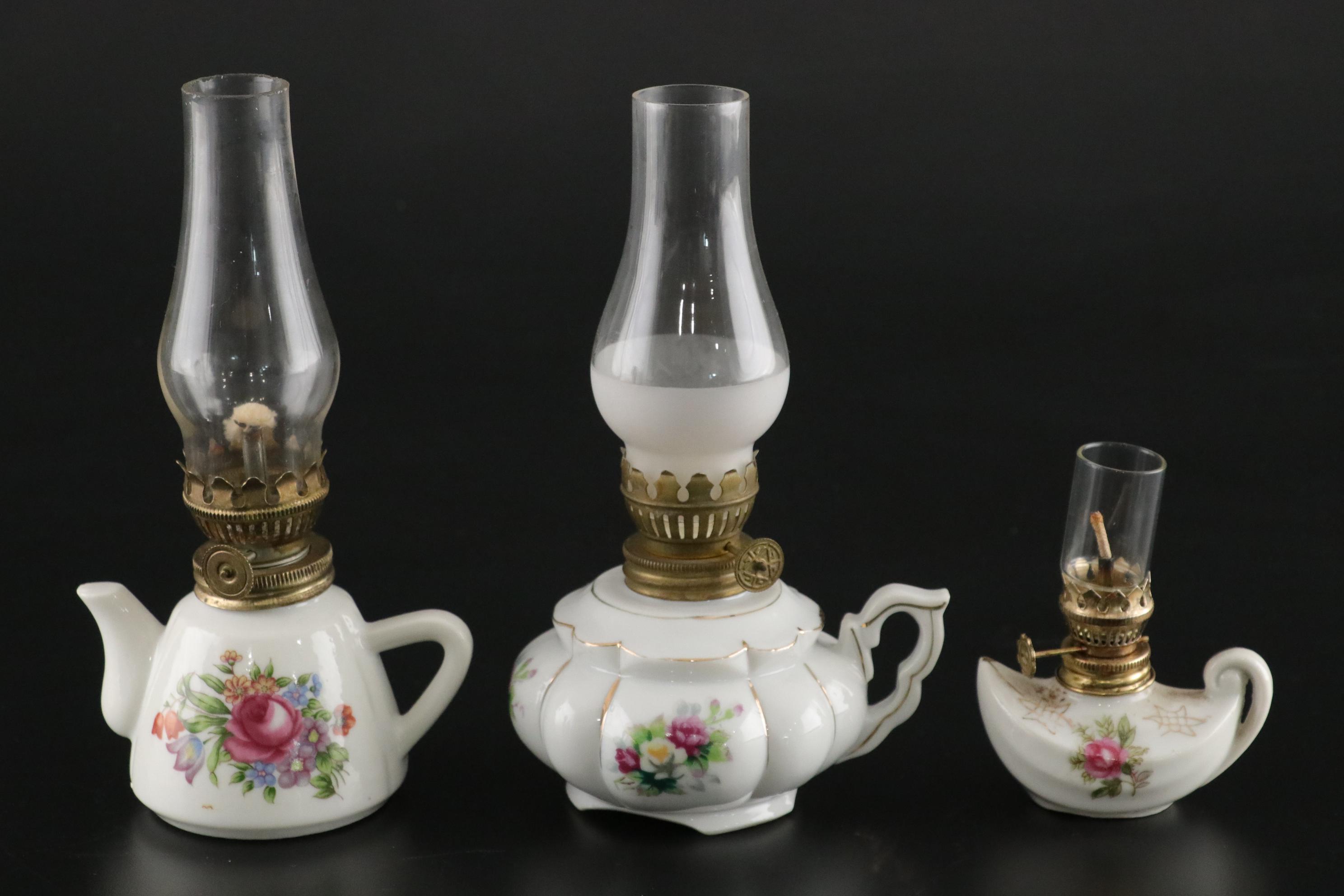 Floral Decorated Miniature Oil Lamp Collection, Early to Mid 20th Century
