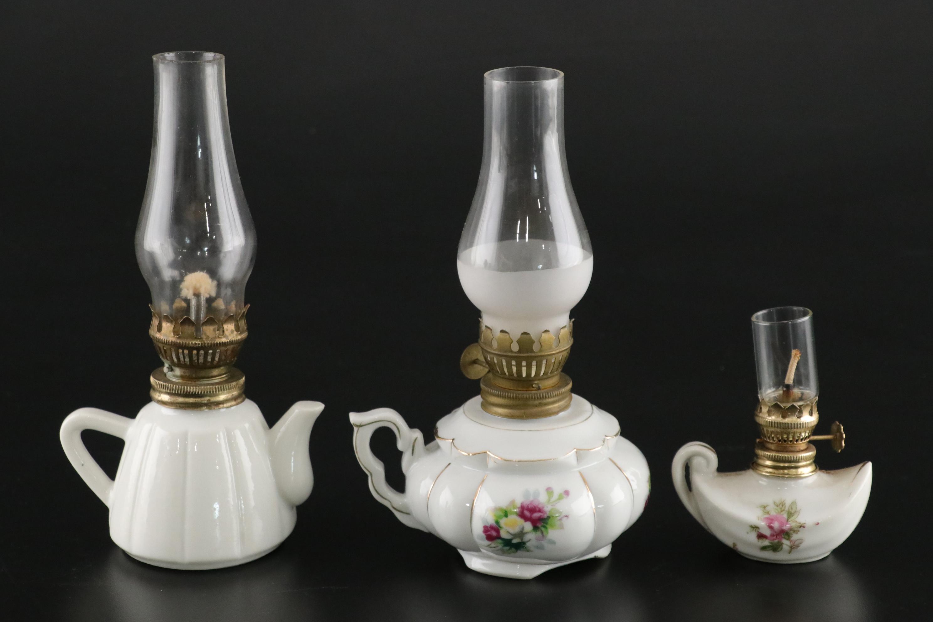 Floral Decorated Miniature Oil Lamp Collection, Early to Mid 20th Century