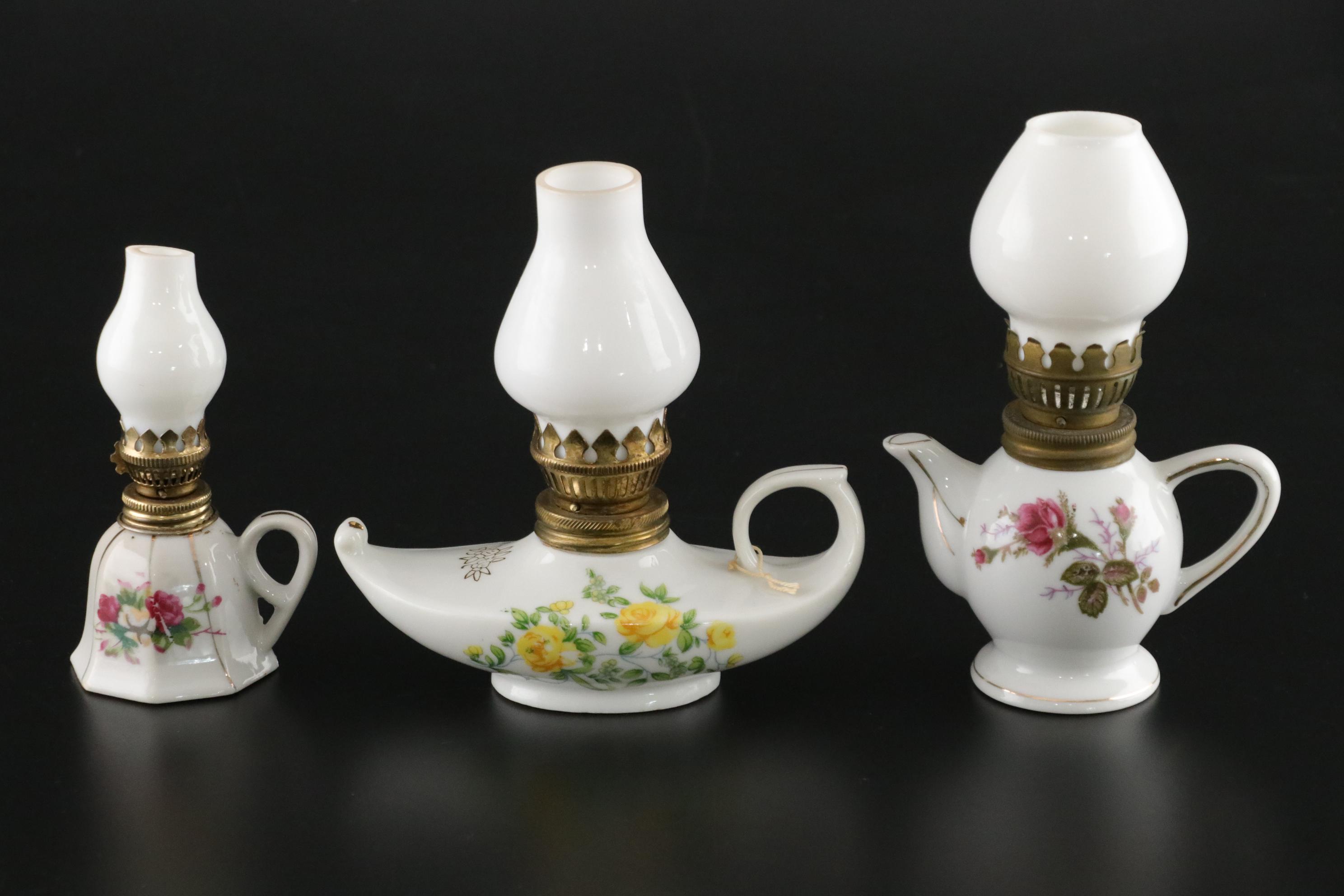 Floral Decorated Miniature Oil Lamp Collection, Early to Mid 20th Century