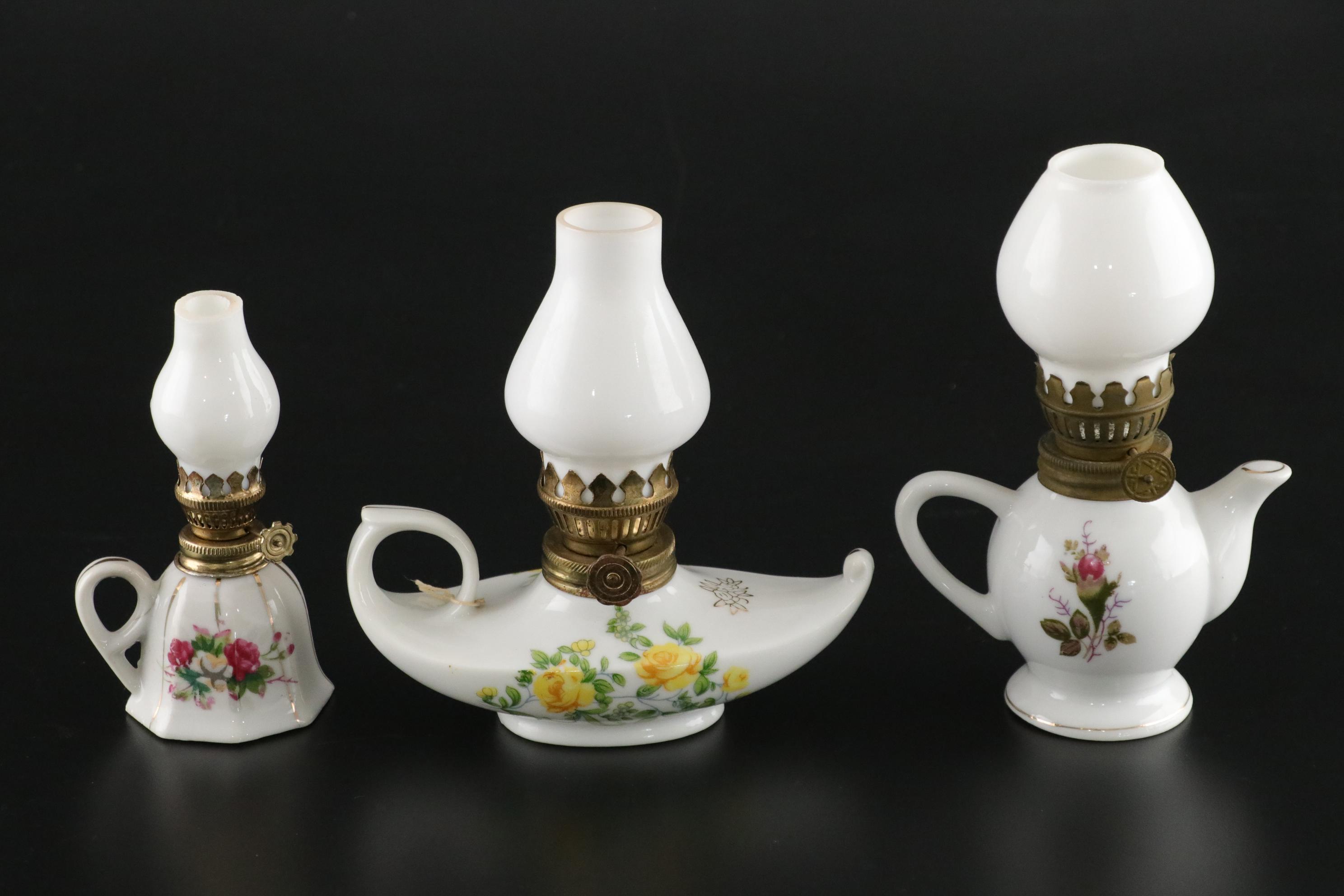 Floral Decorated Miniature Oil Lamp Collection, Early to Mid 20th Century