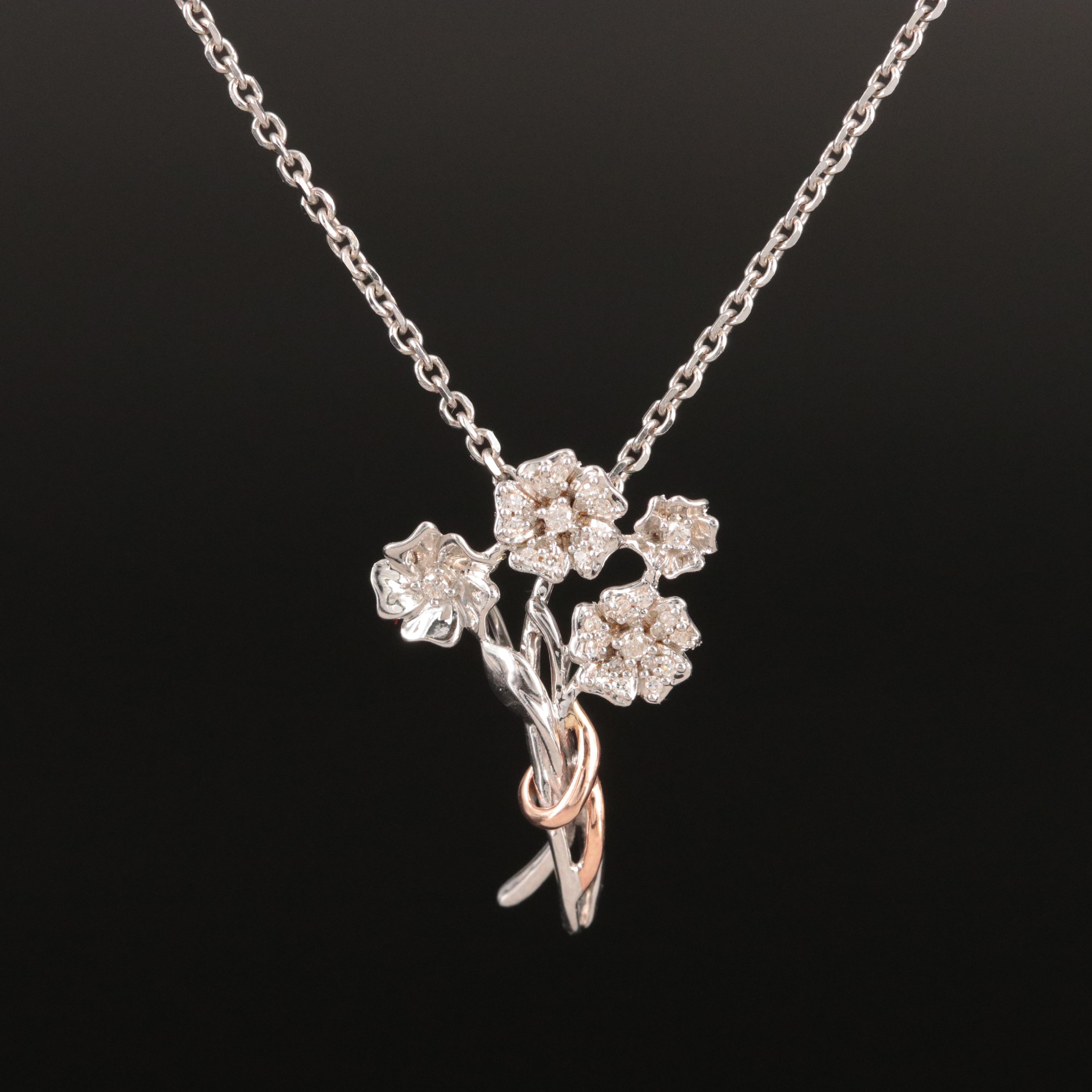 Hallmark Sterling Diamond Bouquet Pendant Necklace with Rose Gold Accent