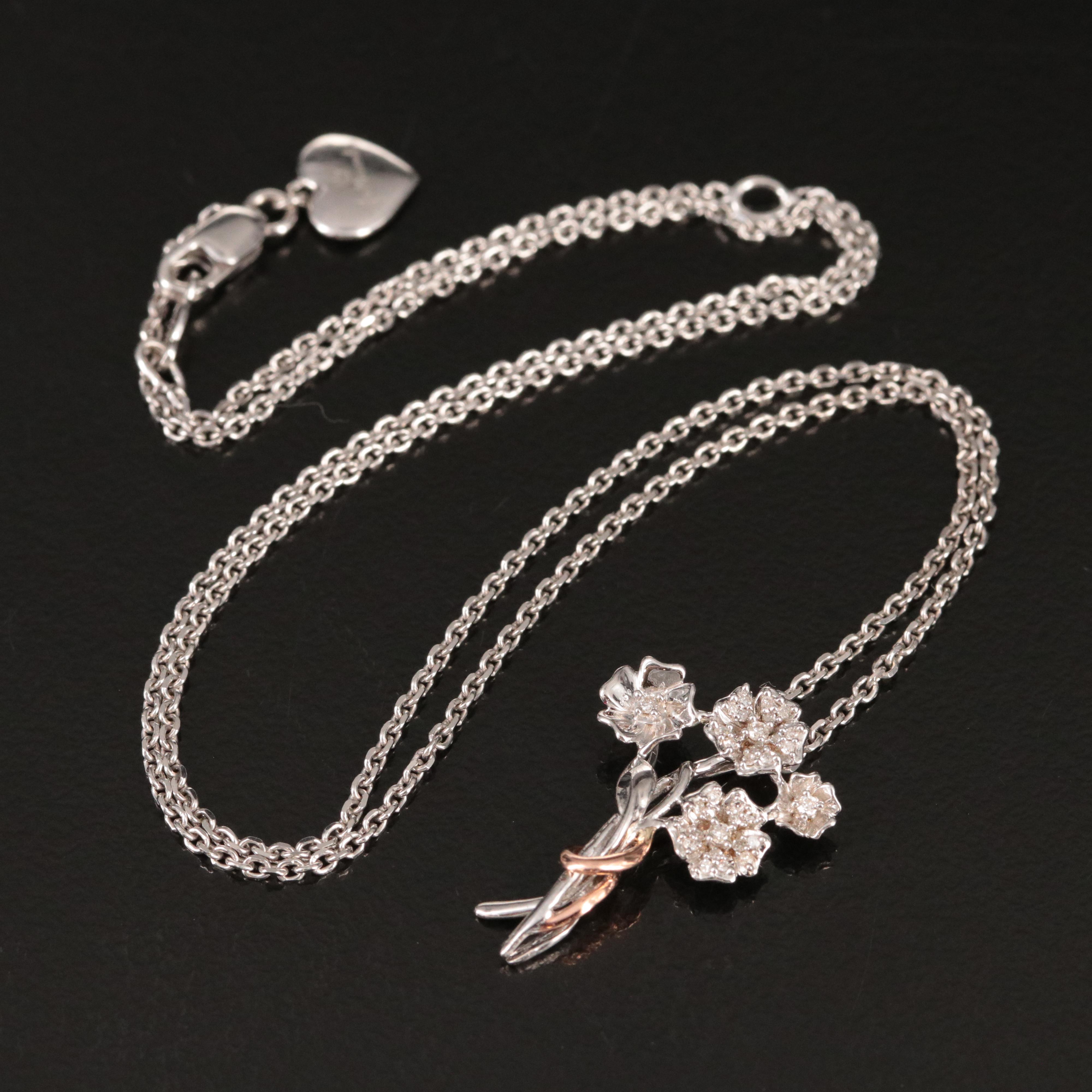 Hallmark Sterling Diamond Bouquet Pendant Necklace with Rose Gold Accent