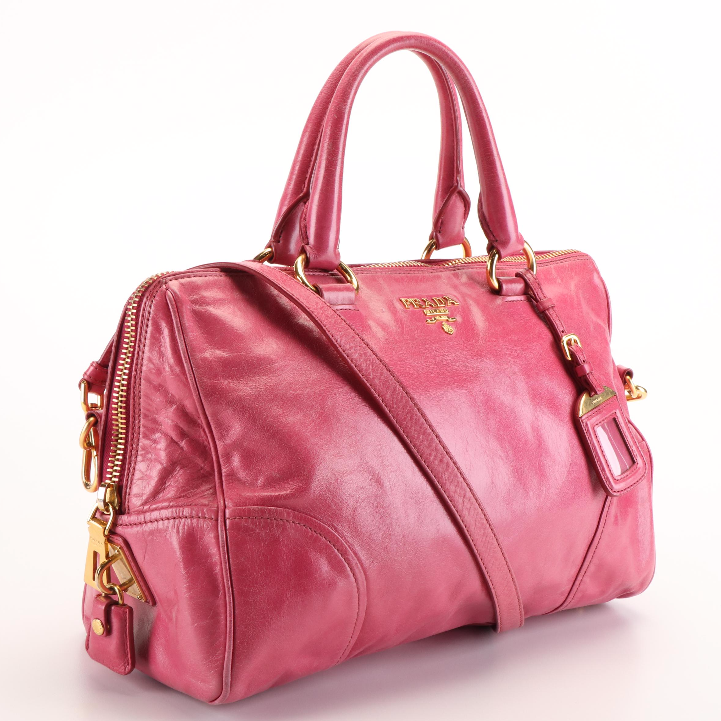 Prada East/West Bauletto Bag in Pink Vitello Shine Leather