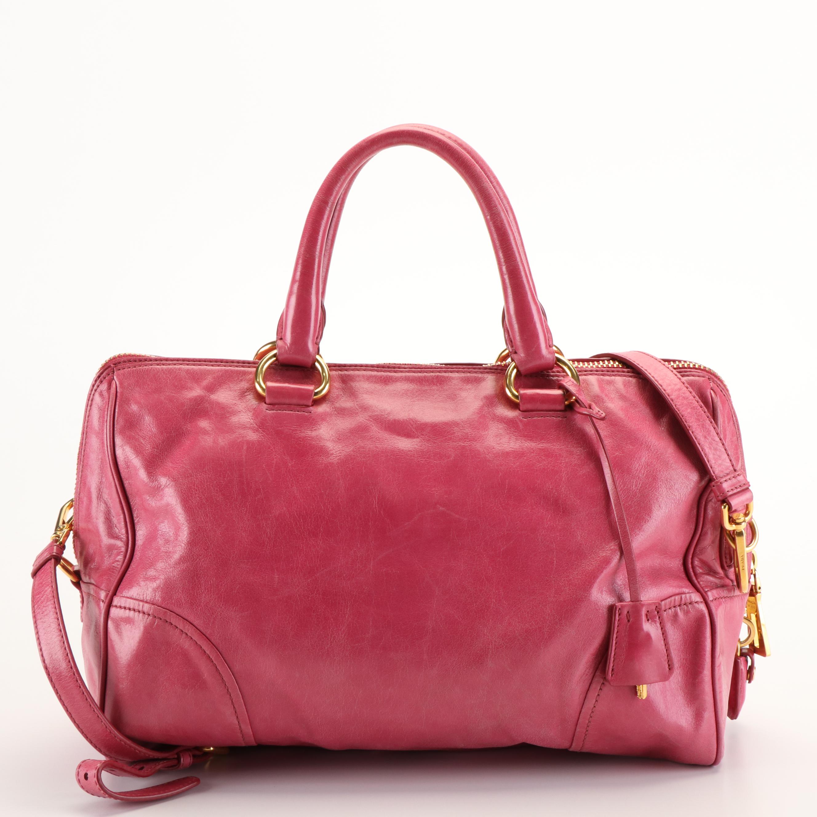 Prada East/West Bauletto Bag in Pink Vitello Shine Leather