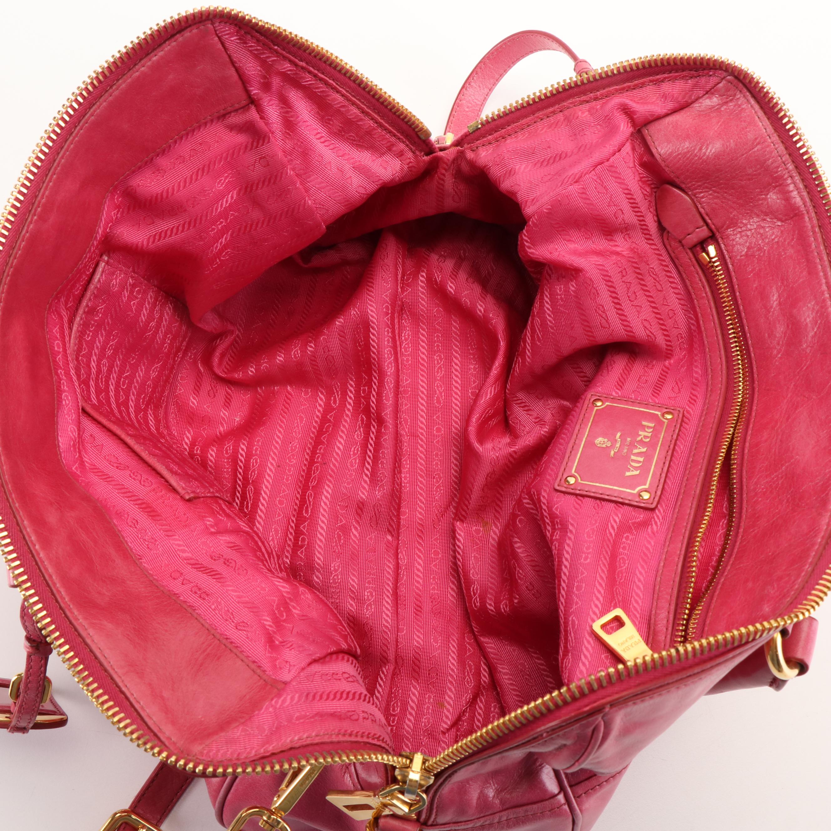Prada East/West Bauletto Bag in Pink Vitello Shine Leather