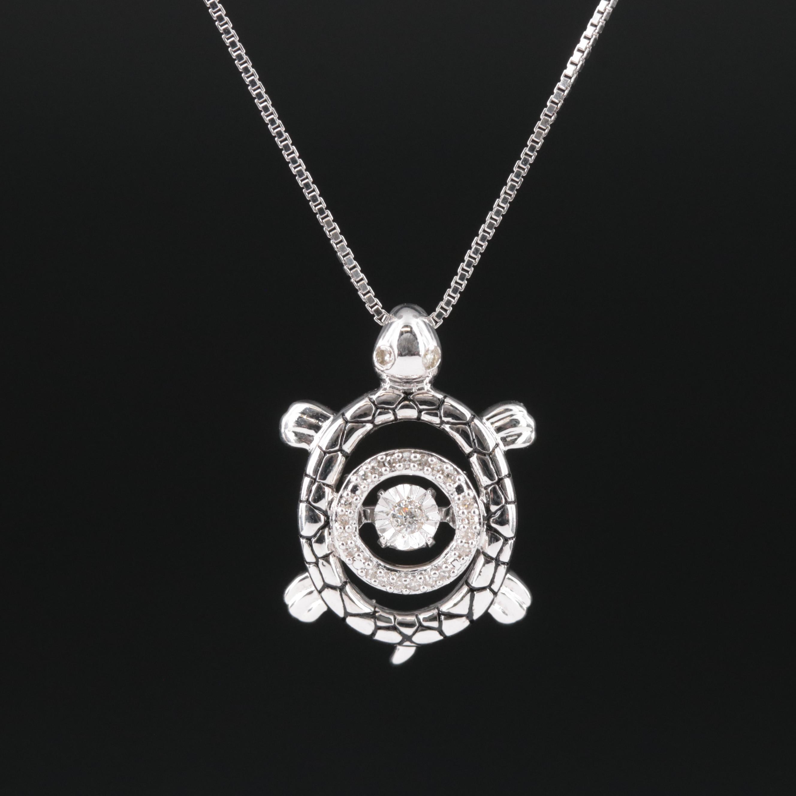 Sterling Diamond Turtle Shimmer Pendant Necklace