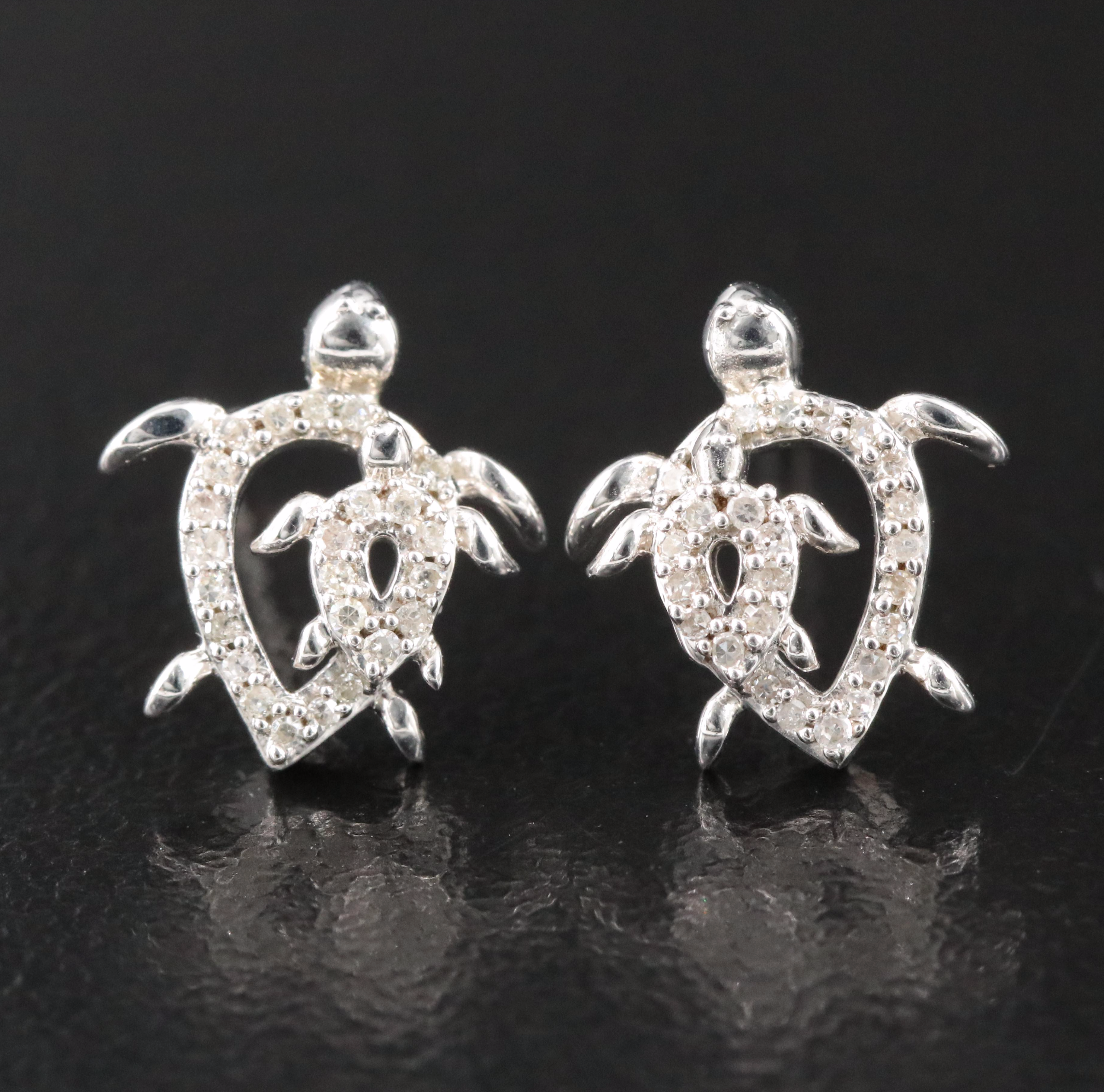 Sterling Diamond Turtle Stud Earrings
