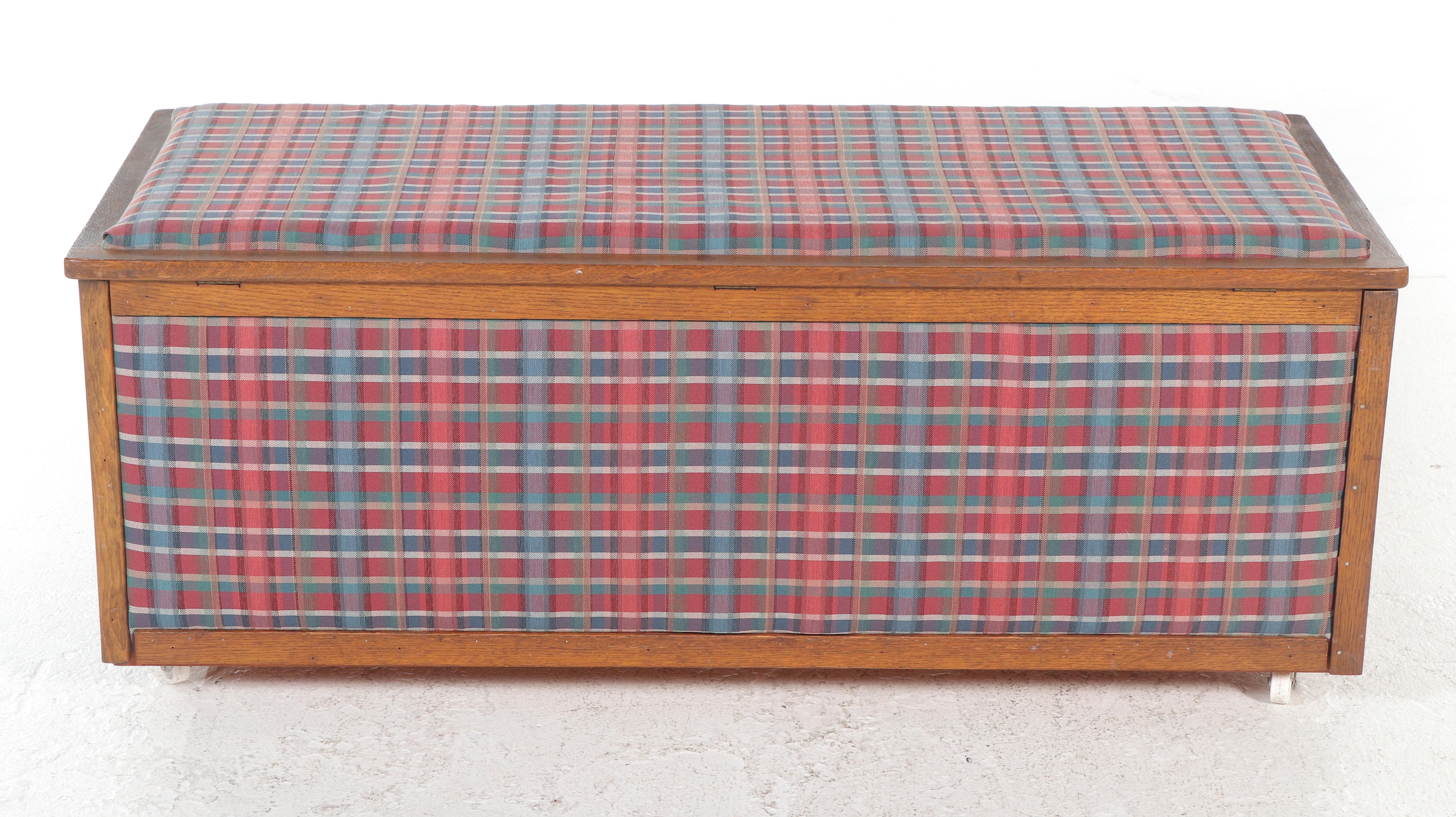 Plaid Upholstered Wooden Blanket Chest