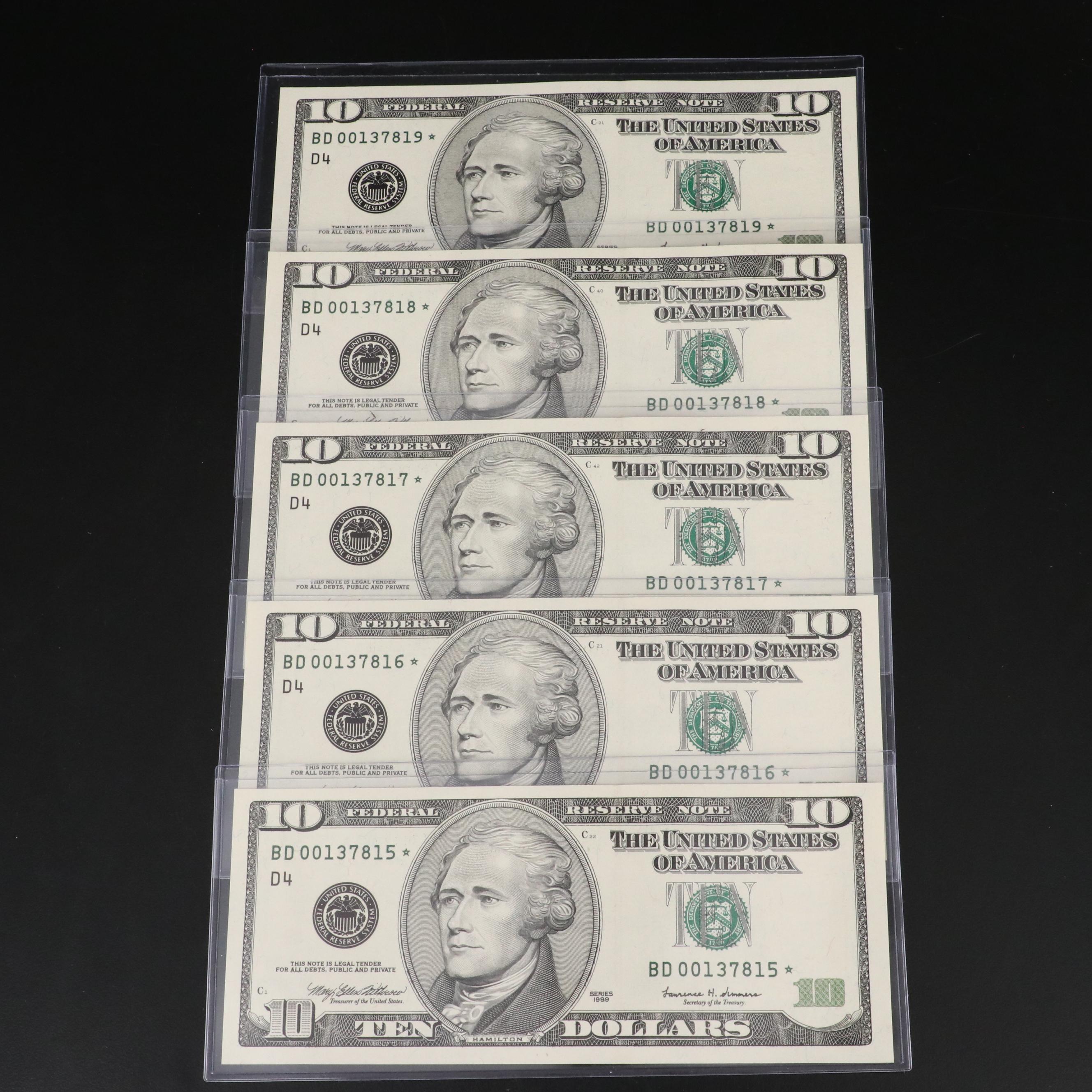 Five Consecutive Uncirculated $10 Federal Reserve "Star" Notes, Series 1999