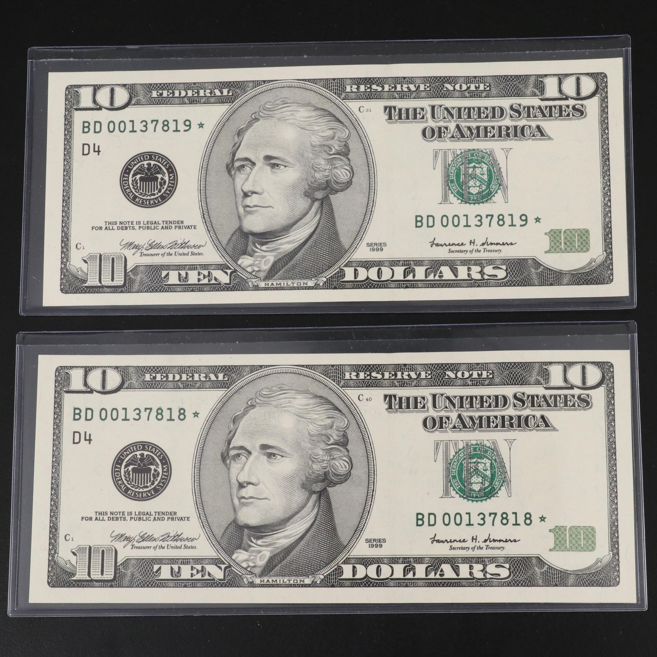 Five Consecutive Uncirculated $10 Federal Reserve "Star" Notes, Series 1999