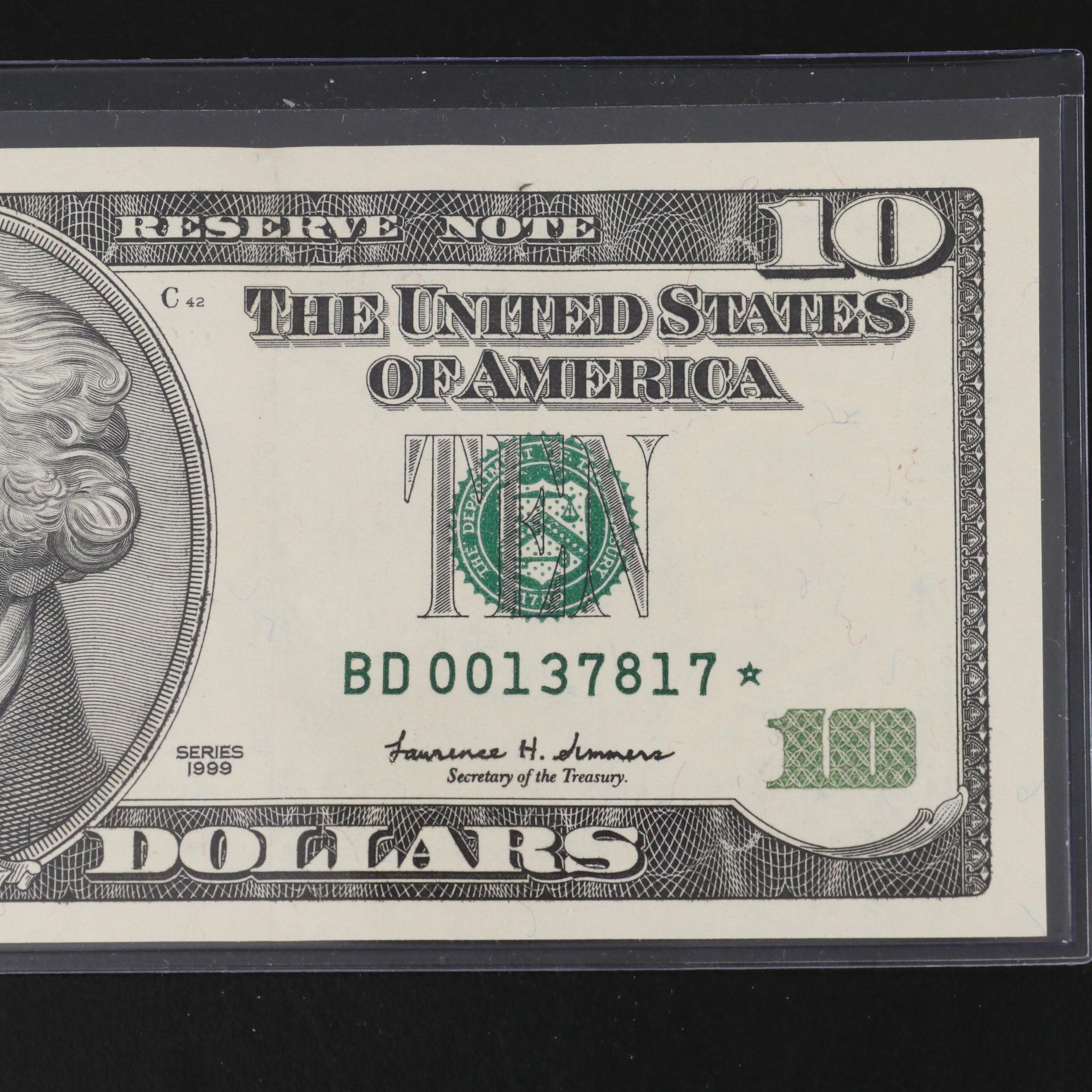 Five Consecutive Uncirculated $10 Federal Reserve "Star" Notes, Series 1999