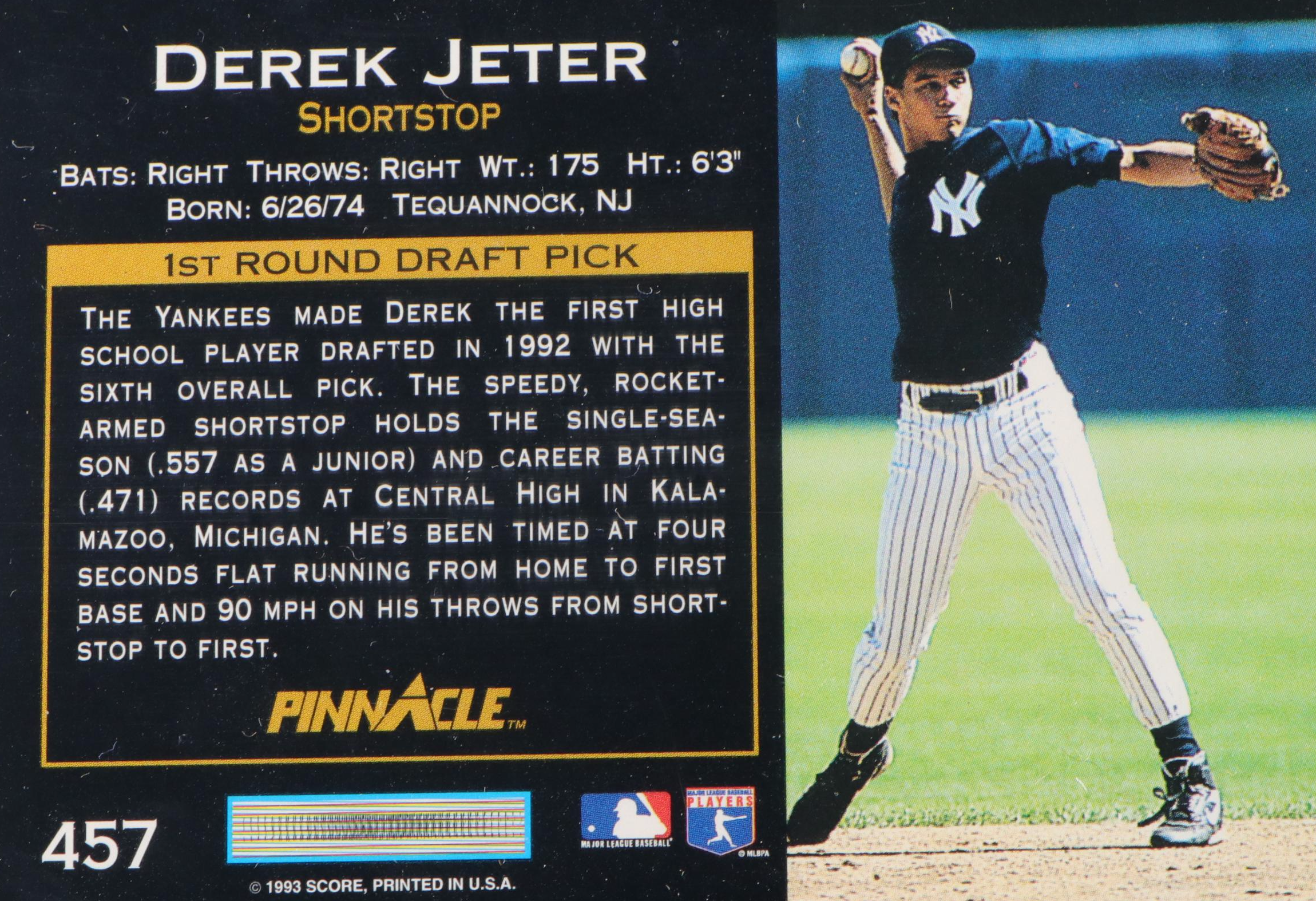 1993 Pinnacle Derek Jeter New York Yankees Rookie Baseball Card Graded PSA 9