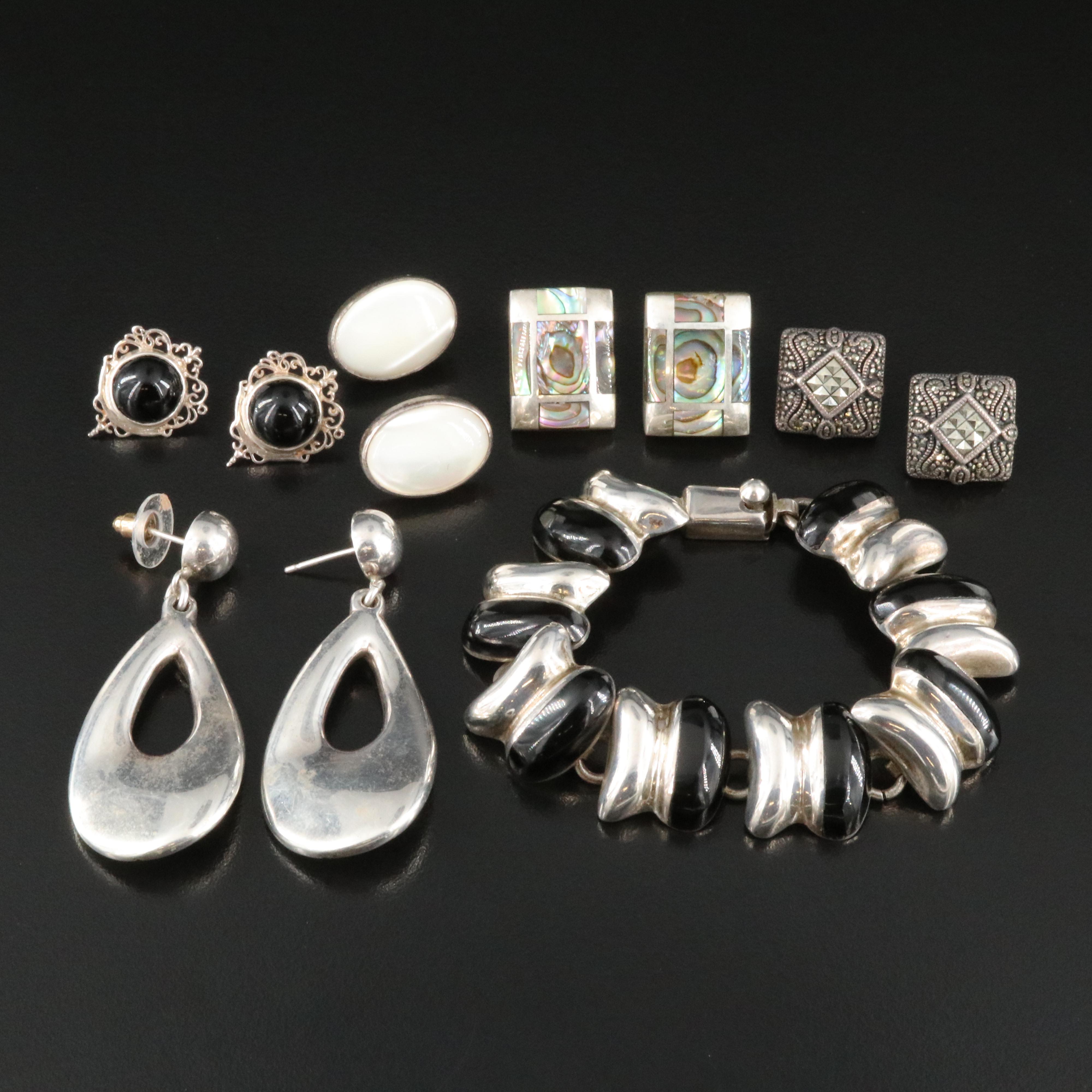 Sterling Earrings and Bracelet Including Mexican Black Onyx, Abalone & Obsidian