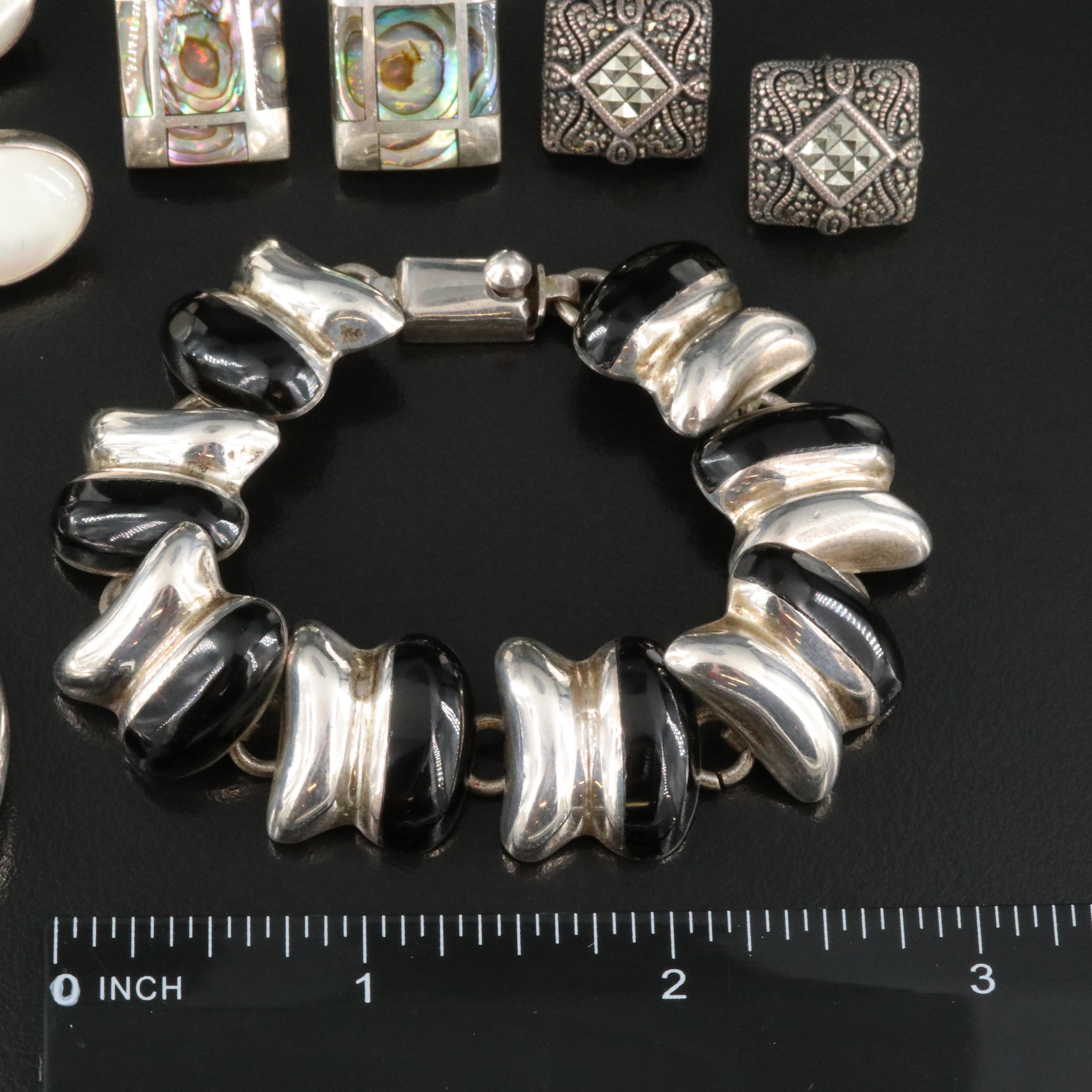 Sterling Earrings and Bracelet Including Mexican Black Onyx, Abalone & Obsidian