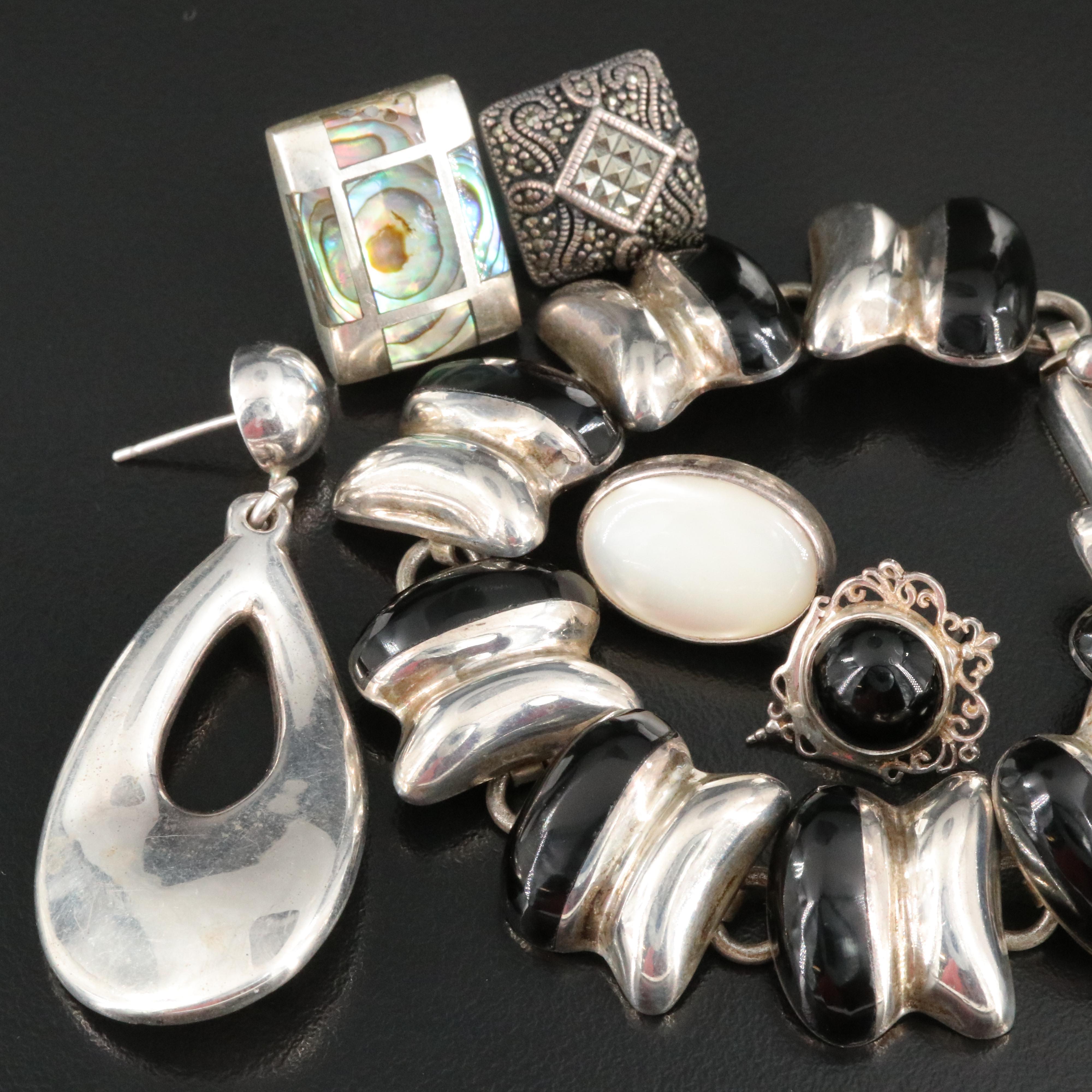 Sterling Earrings and Bracelet Including Mexican Black Onyx, Abalone & Obsidian
