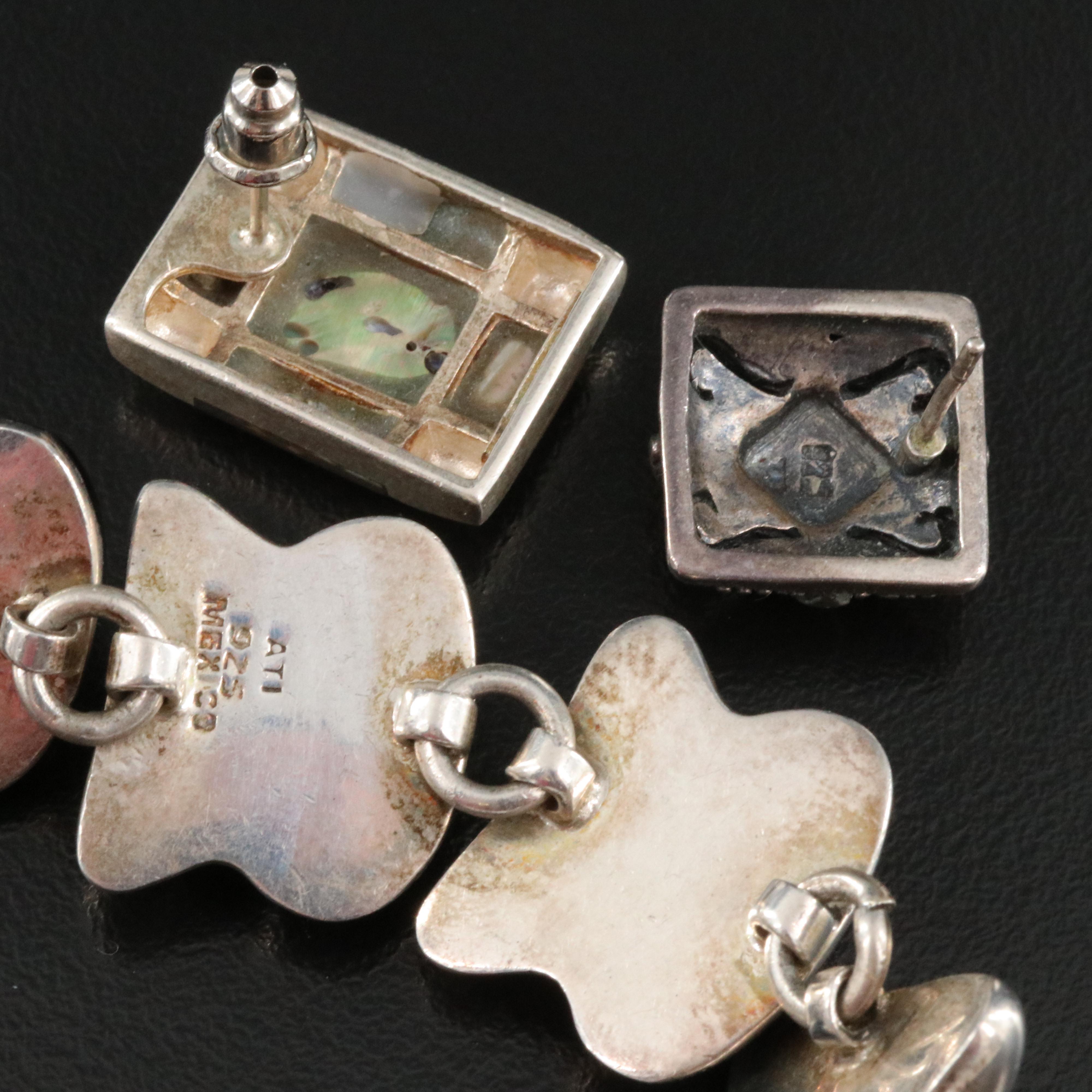 Sterling Earrings and Bracelet Including Mexican Black Onyx, Abalone & Obsidian