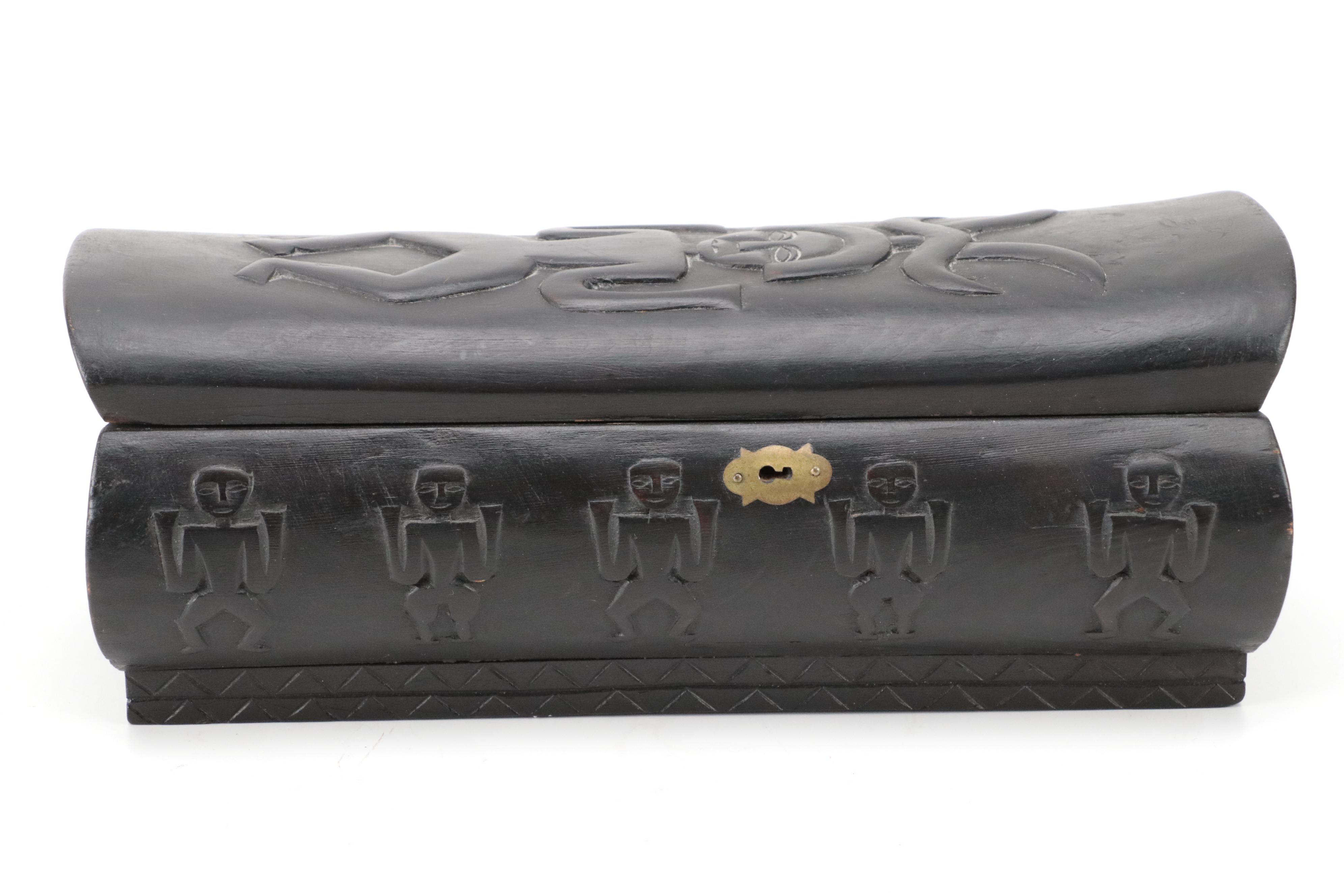 Railroad Spike & Wrought Iron Figurines, Paiwan Style Carved Ebonized Wood Box